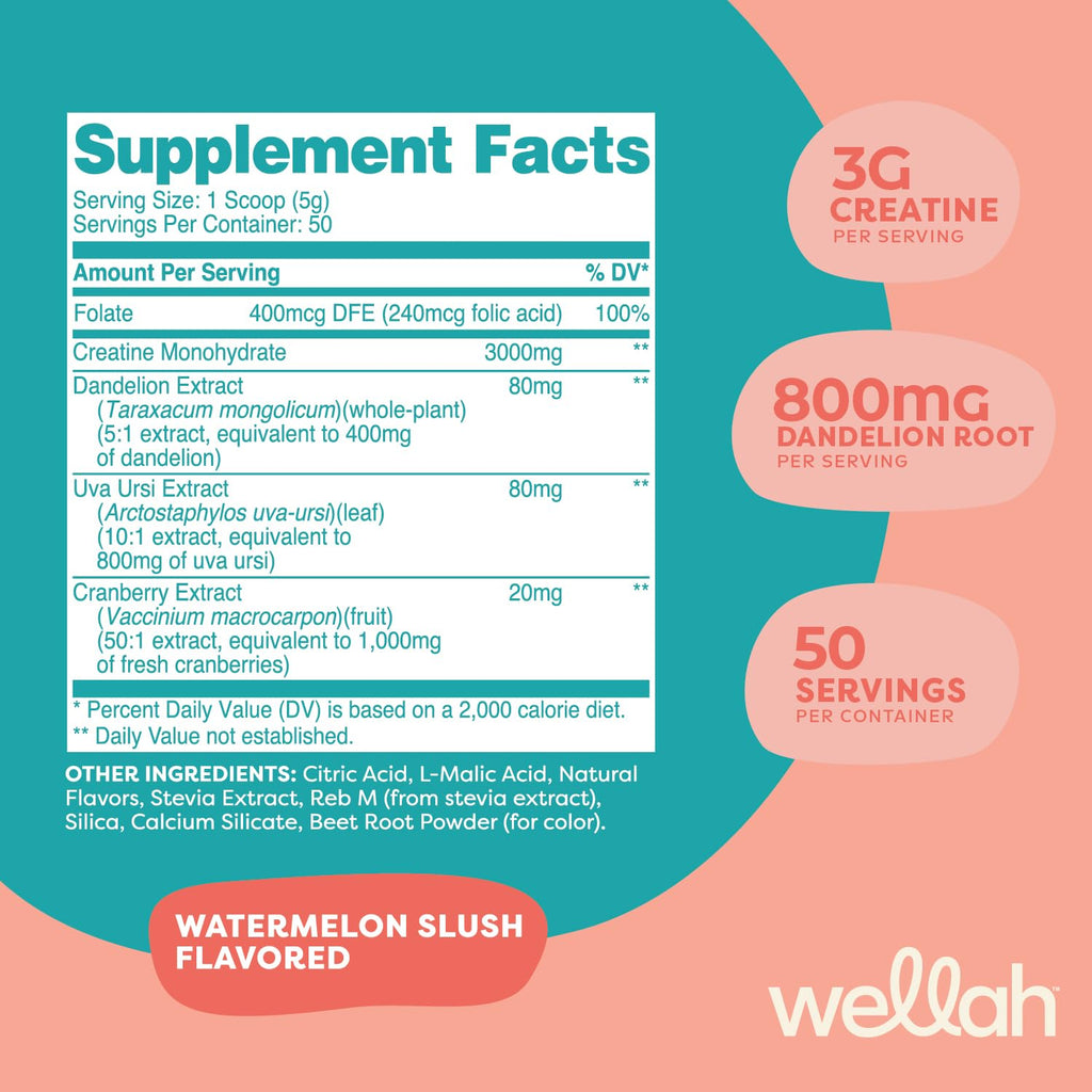 Wellah Creatine for Women (50 Servings, Watermelon Slush) – Creatine Monohydrate with Dandelion & Cranberry Extract