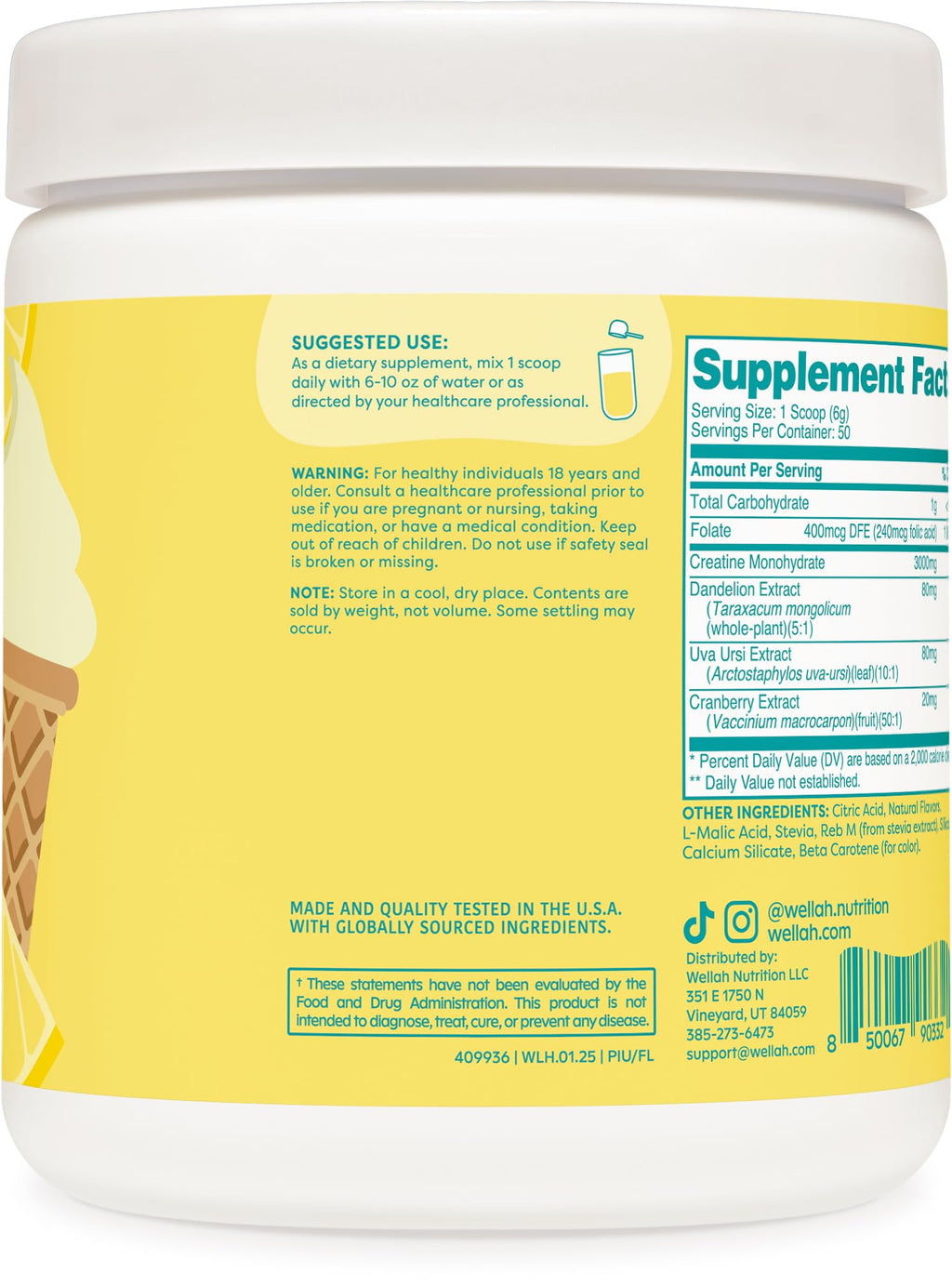 Wellah Creatine for Women – 50 Servings, Frozen Lemonade | Creatine Monohydrate + Dandelion & Cranberry