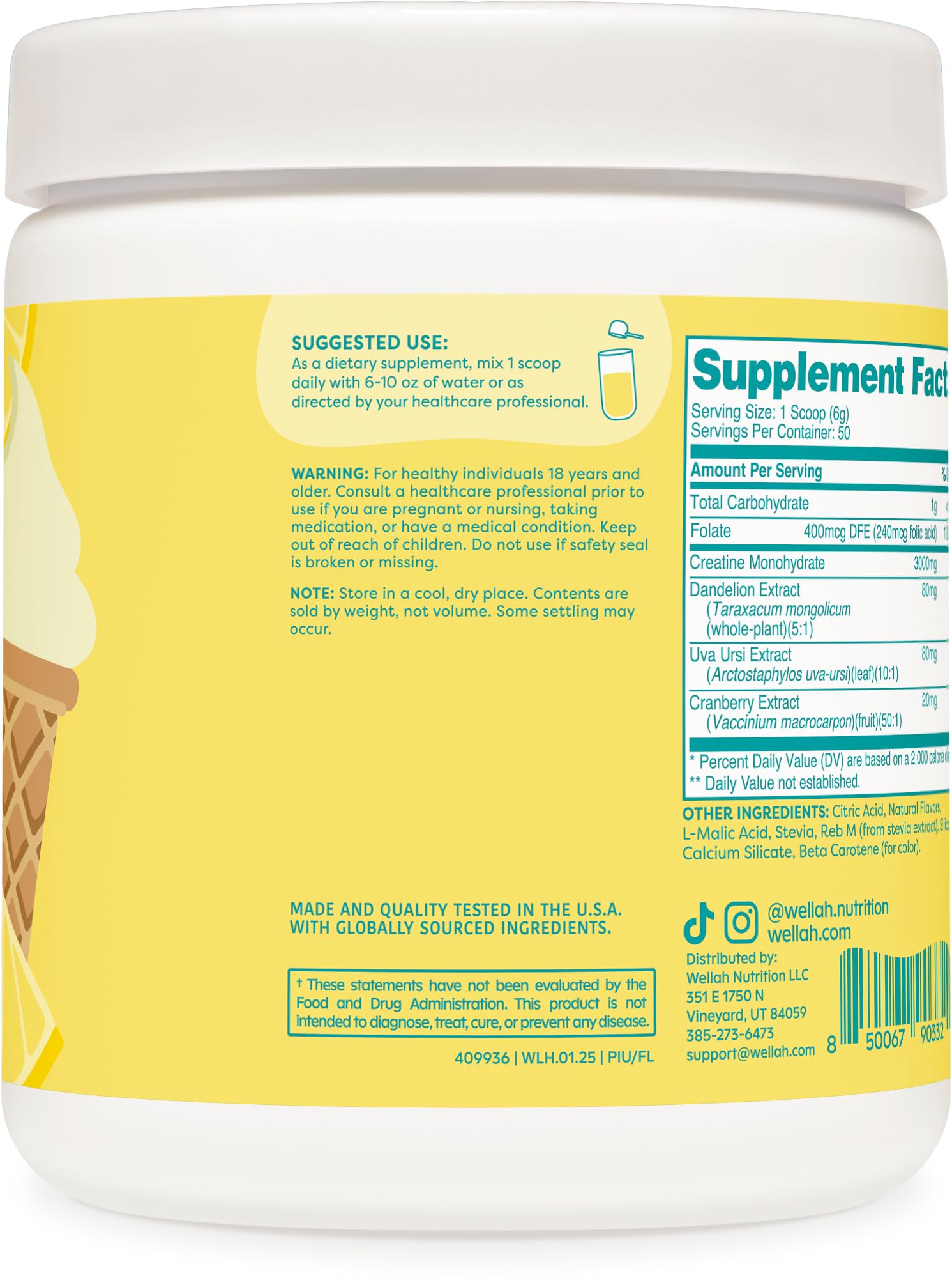 Wellah Creatine for Women – 50 Servings, Frozen Lemonade | Creatine Monohydrate + Dandelion & Cranberry