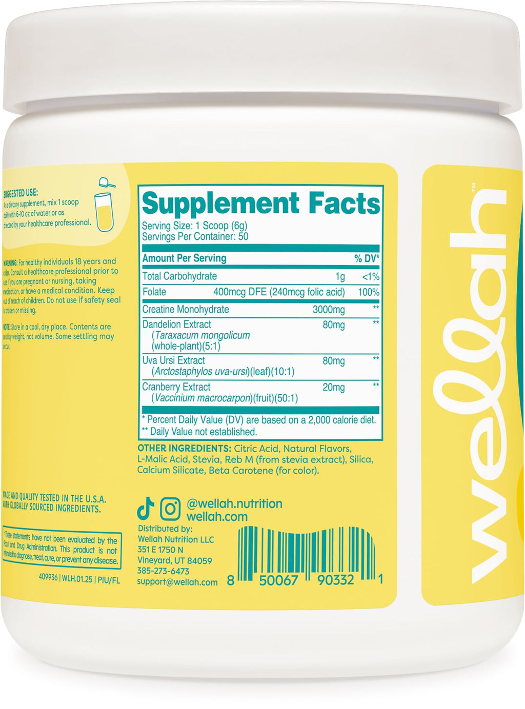 Wellah Creatine for Women – 50 Servings, Frozen Lemonade | Creatine Monohydrate + Dandelion & Cranberry