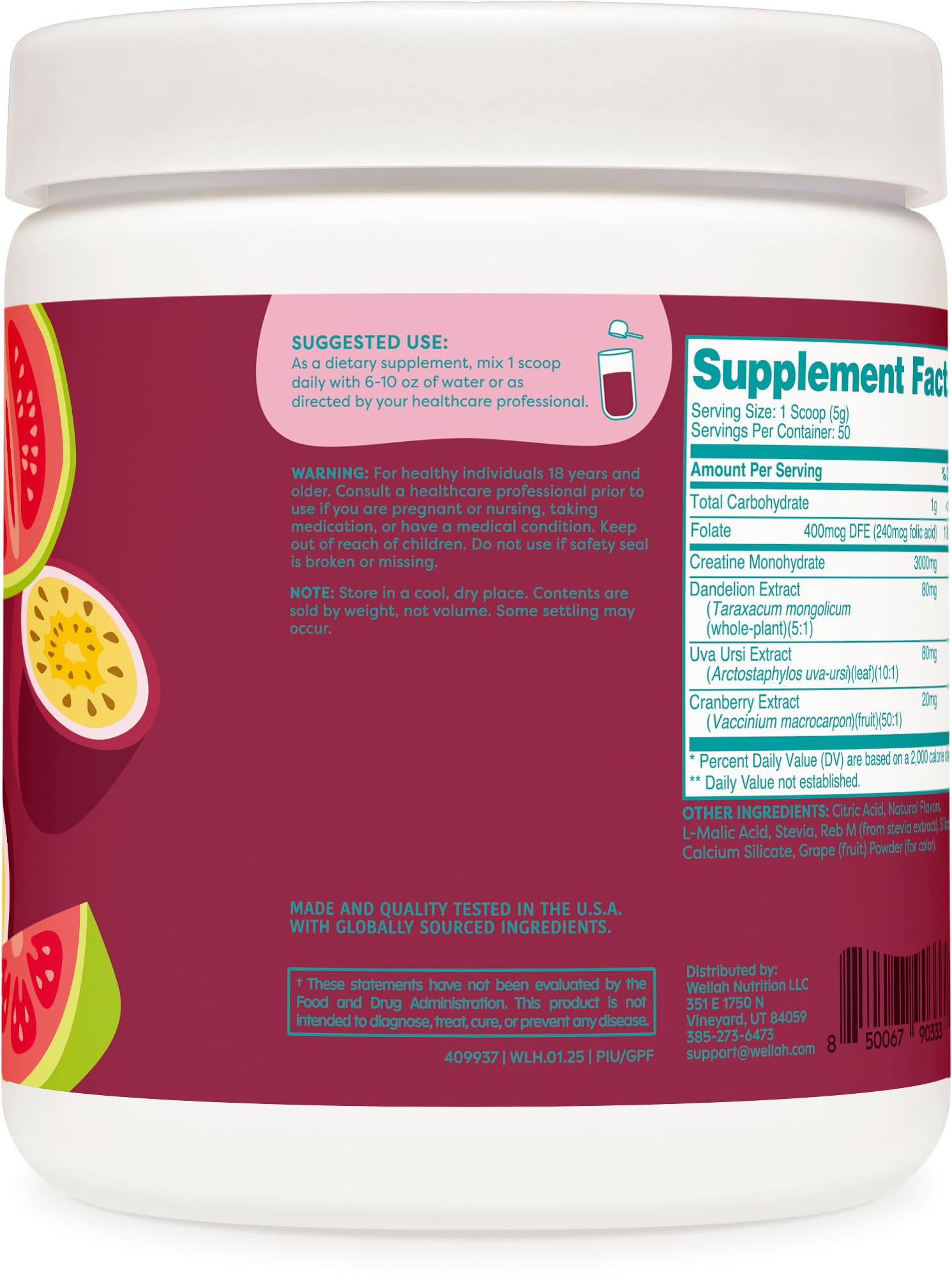 Wellah Creatine for Women (50 Servings, Guava Passionfruit) - Creatine Monohydrate with Dandelion & Cranberry Extract