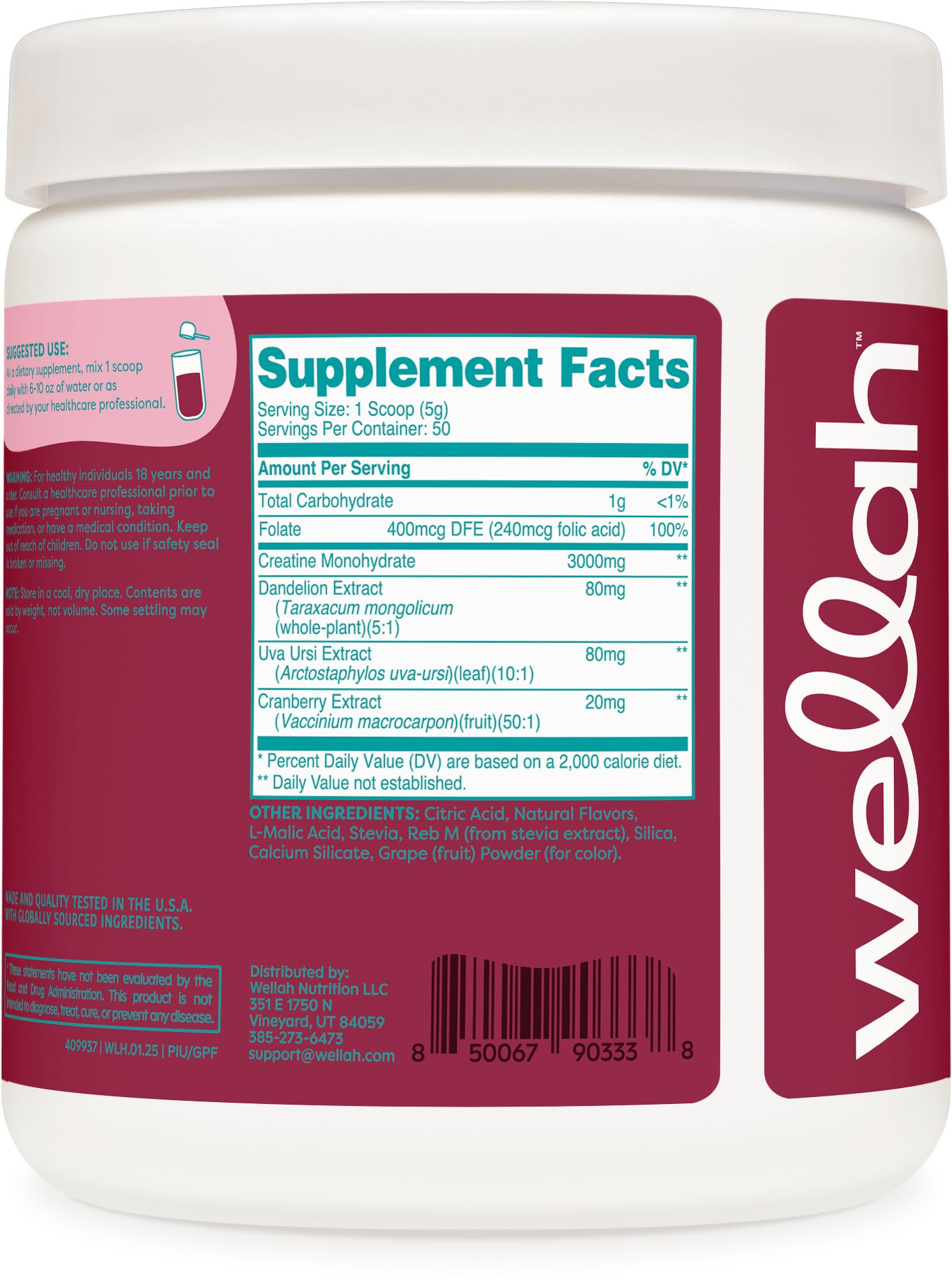 Wellah Creatine for Women (50 Servings, Guava Passionfruit) - Creatine Monohydrate with Dandelion & Cranberry Extract
