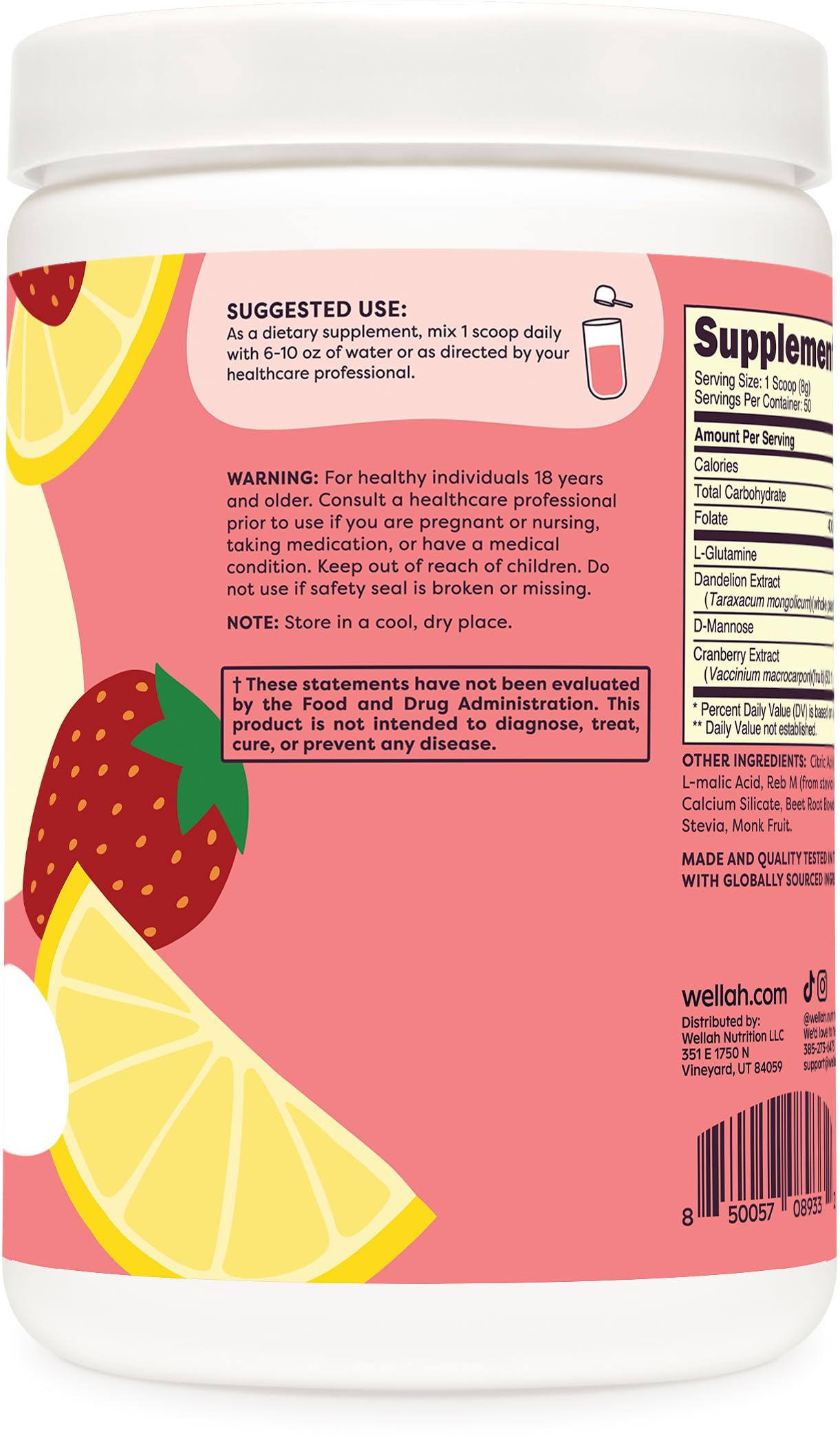 Wellah L-Glutamine Strawberry Lemonade – 50 Servings | 5g per Serving | Stevia-Sweetened