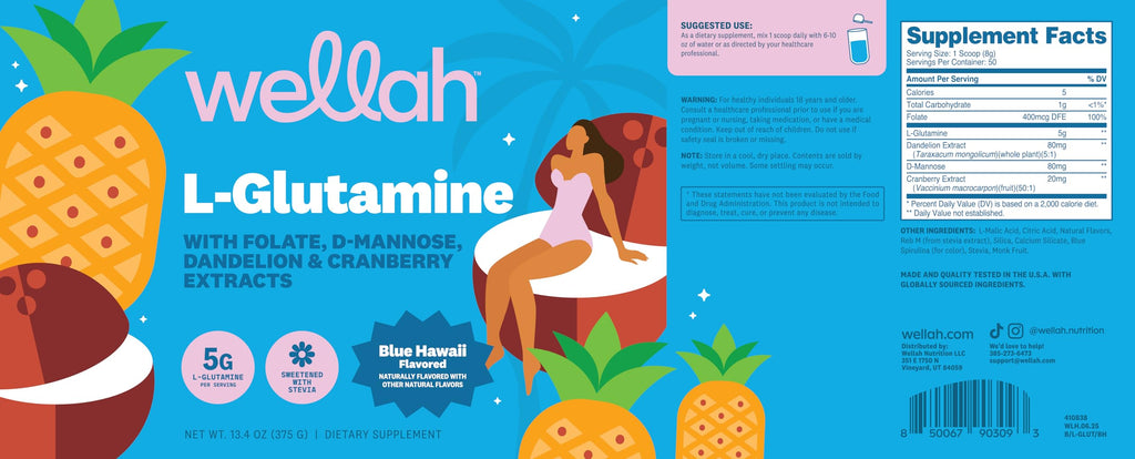 Wellah L-Glutamine Powder Blue Hawaii – 50 Servings (5g/serving) | Stevia