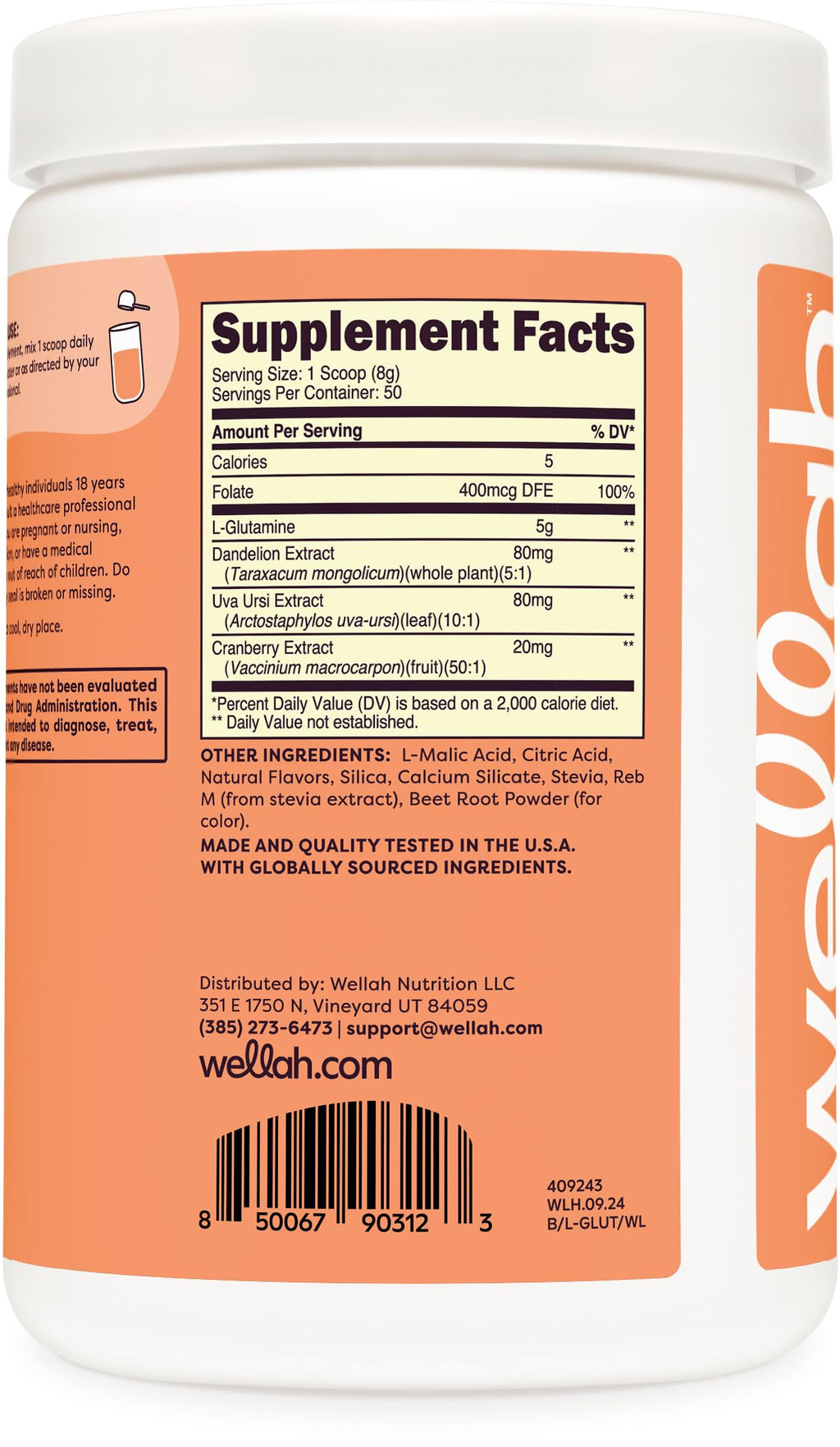 Wellah L-Glutamine Powder Watermelon Lime 50 Servings (5g per Serving)