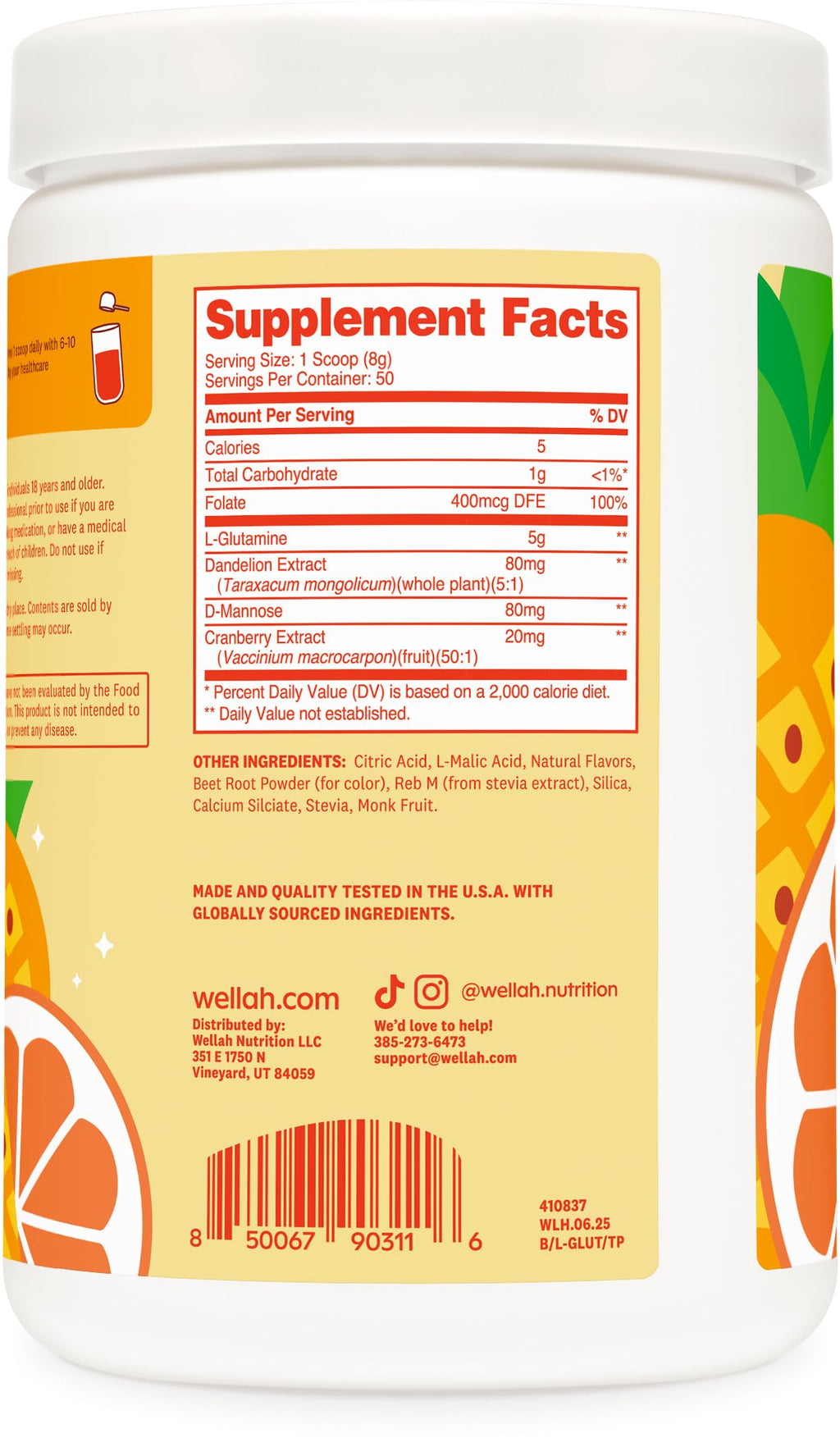Wellah L-Glutamine Powder Tropical Punch – 50 Servings | 5g per Serving, Stevia