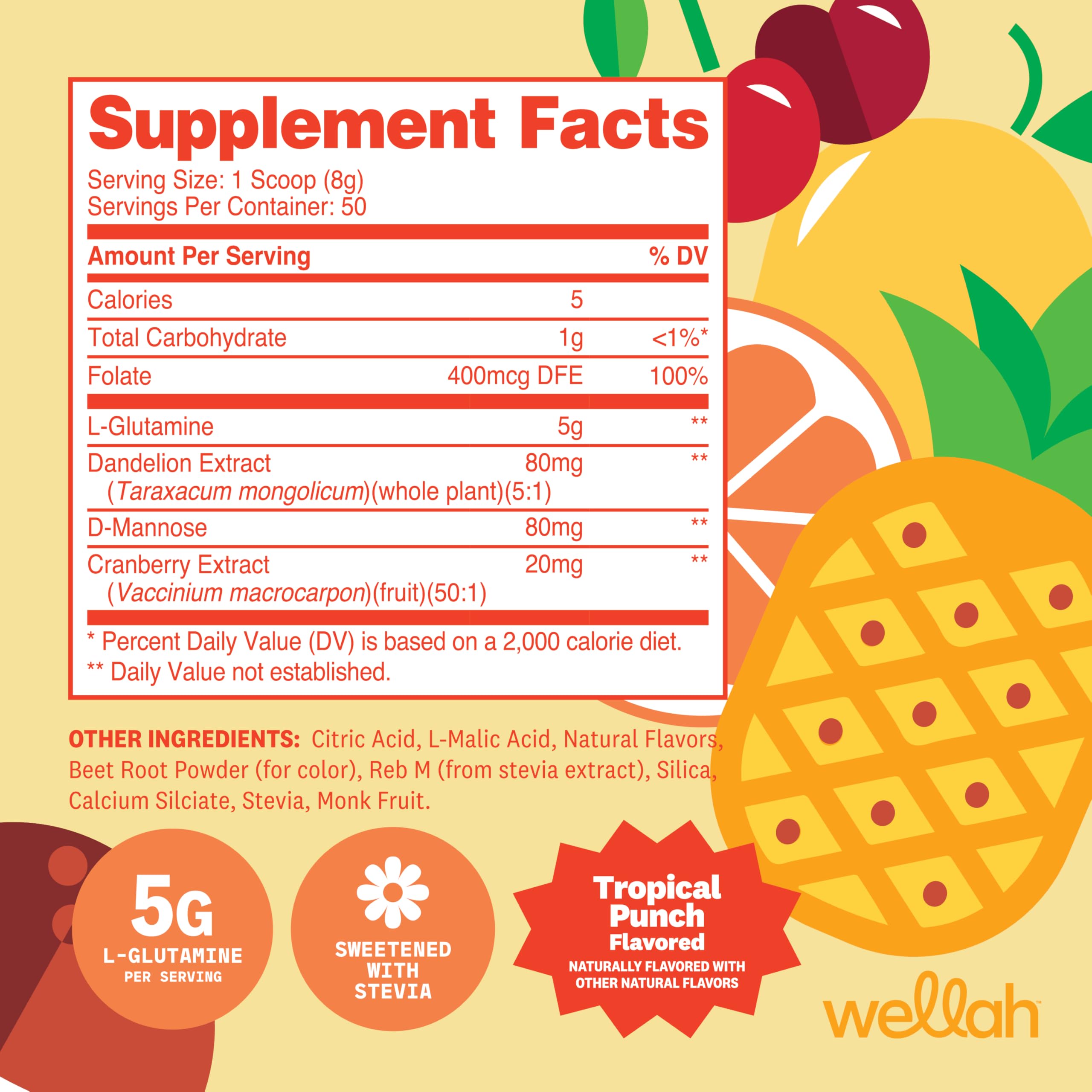 Wellah L-Glutamine Powder Tropical Punch – 50 Servings | 5g per Serving, Stevia