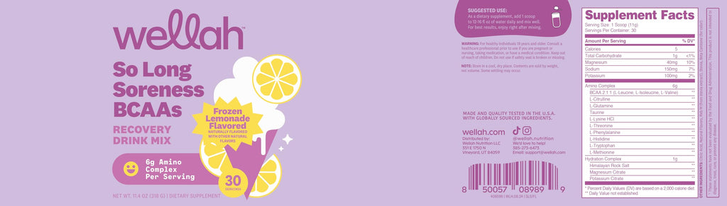 Wellah So Long Soreness BCAA Powder - Frozen Lemonade (30 Servings) with Hydration Complex
