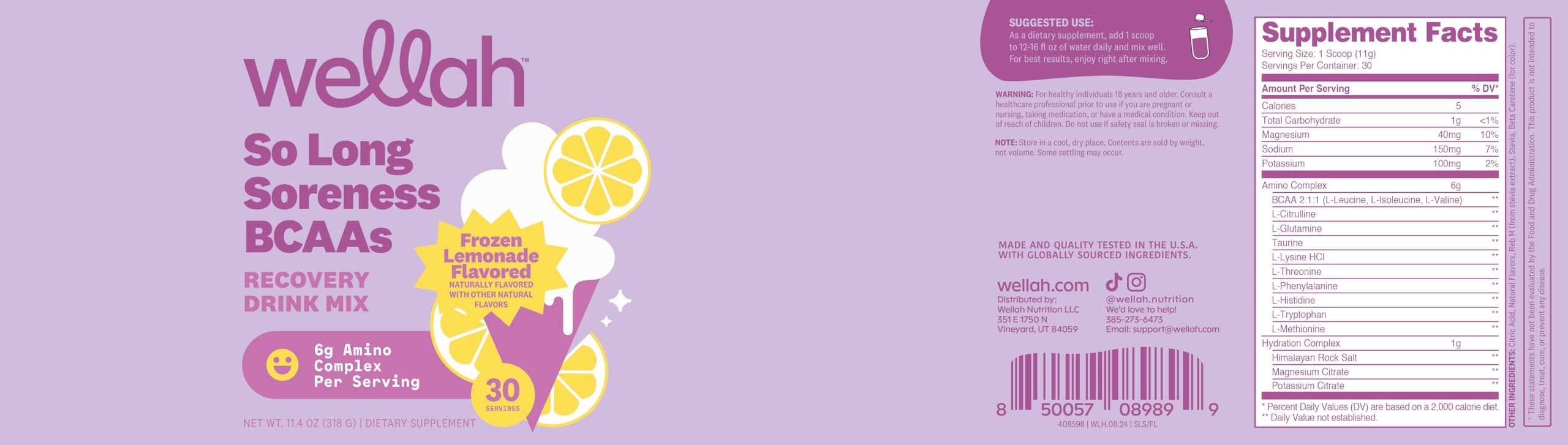 Wellah So Long Soreness BCAA Powder - Frozen Lemonade (30 Servings) with Hydration Complex