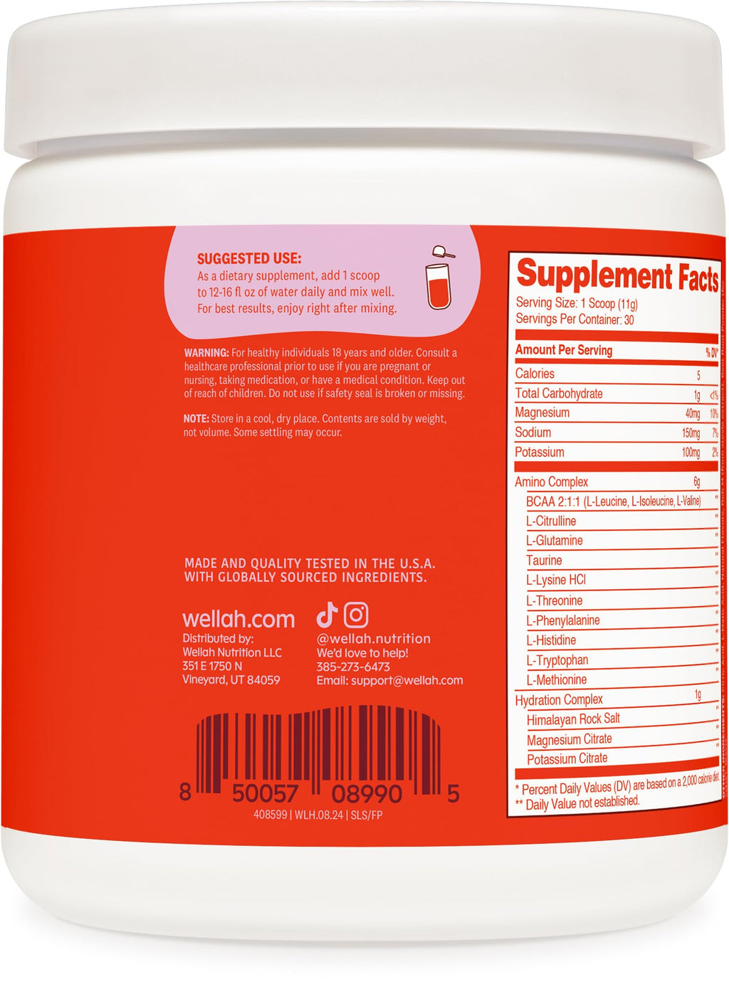 Wellah So Long Soreness BCAA Powder (Fruit Punch Flavored) 30 Servings – with Hydration Complex