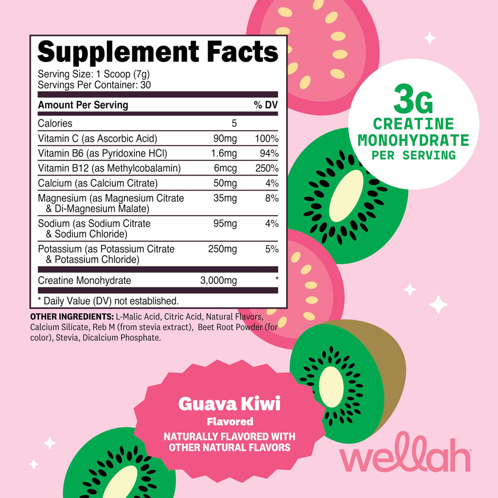 Wellah Creatine + Hydration Powder (Guava Kiwi) – 3g Creatine Monohydrate, Electrolytes, 30 Servings