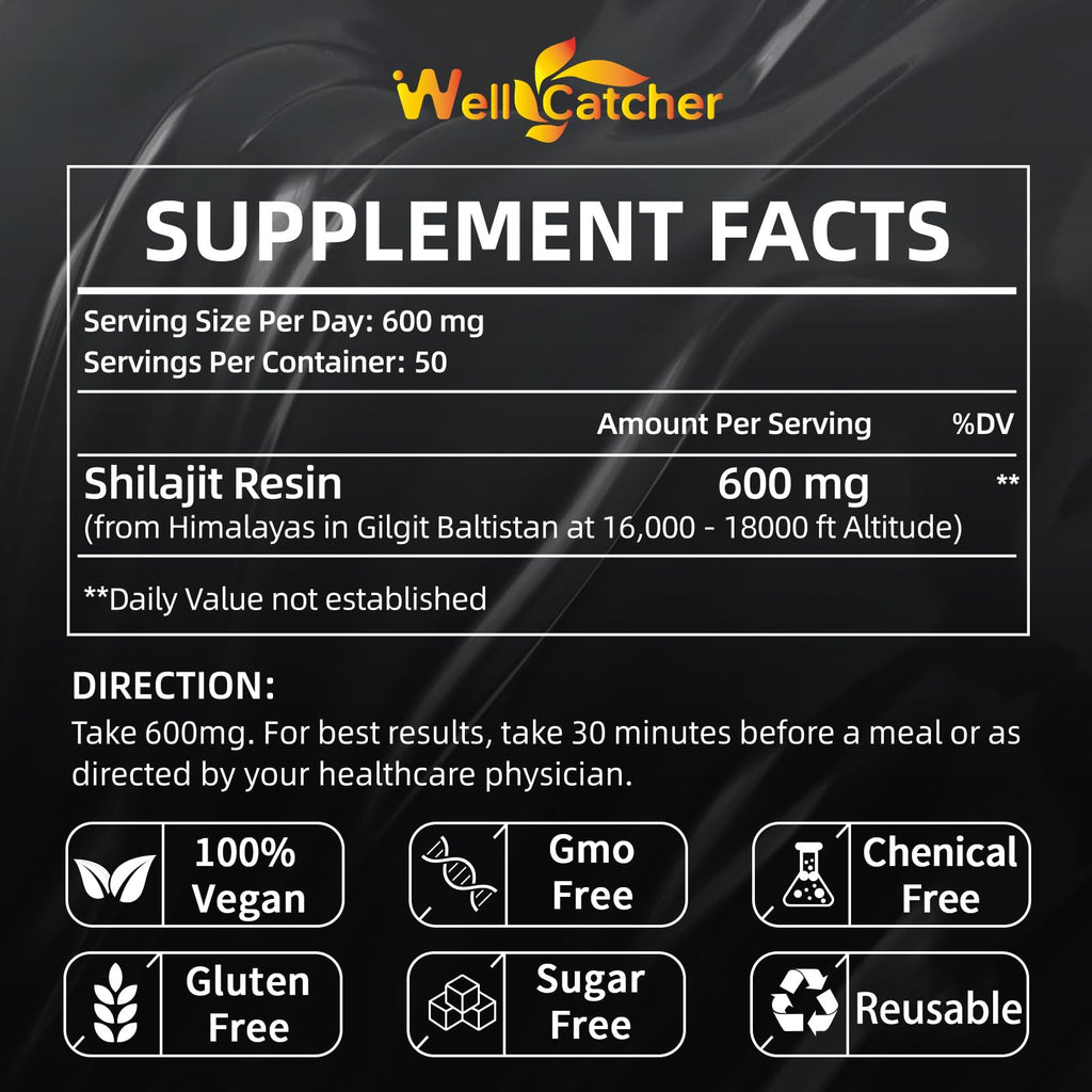 Wellcatcher Pure Himalayan Shilajit Resin – 600mg, 85+ Minerals, 75%+ Fulvic Acid, Energy & Immunity Support, 50 Servings