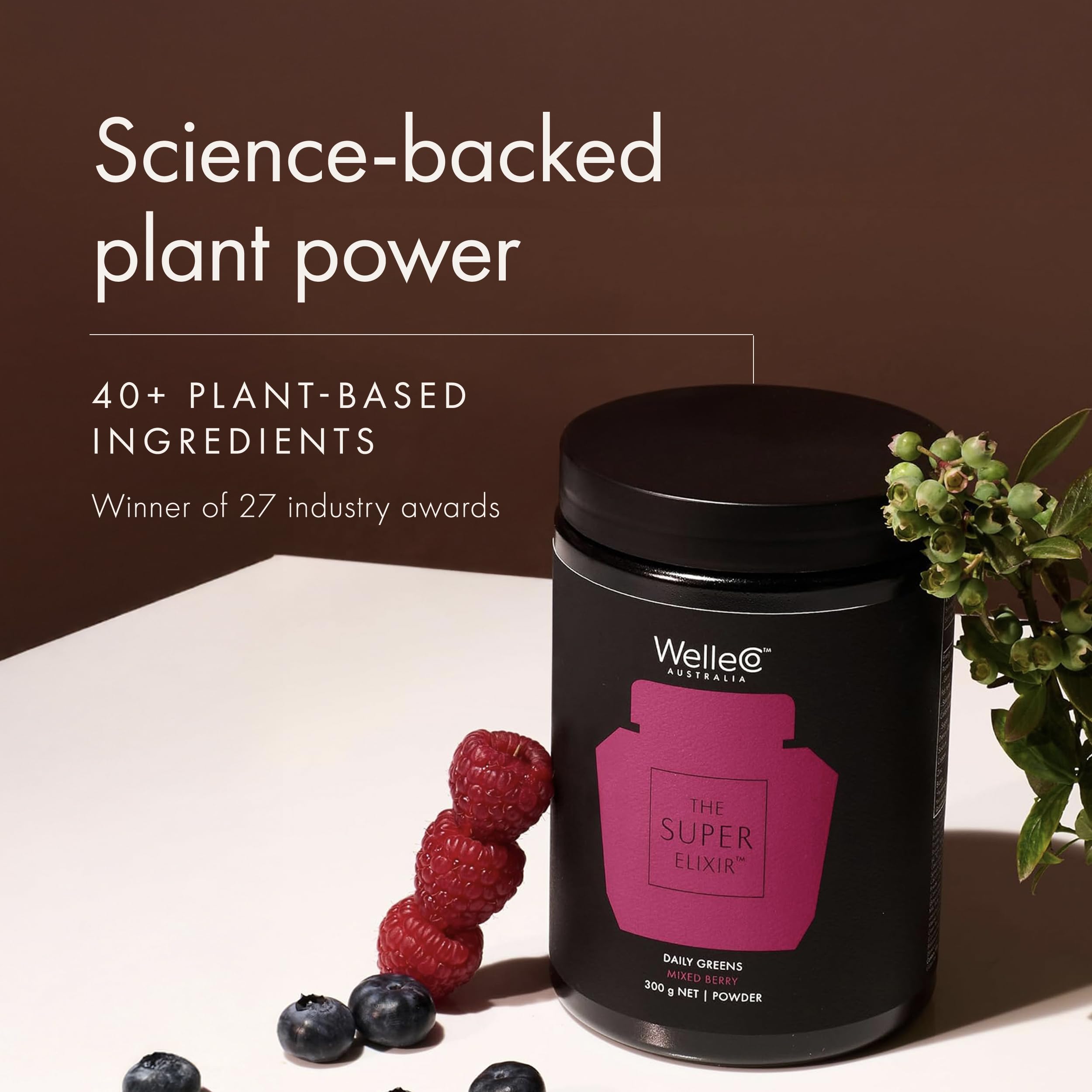 WelleCo The Super Elixir Daily Greens Powder – Probiotic Drink Mix (300g, Mixed Berry)