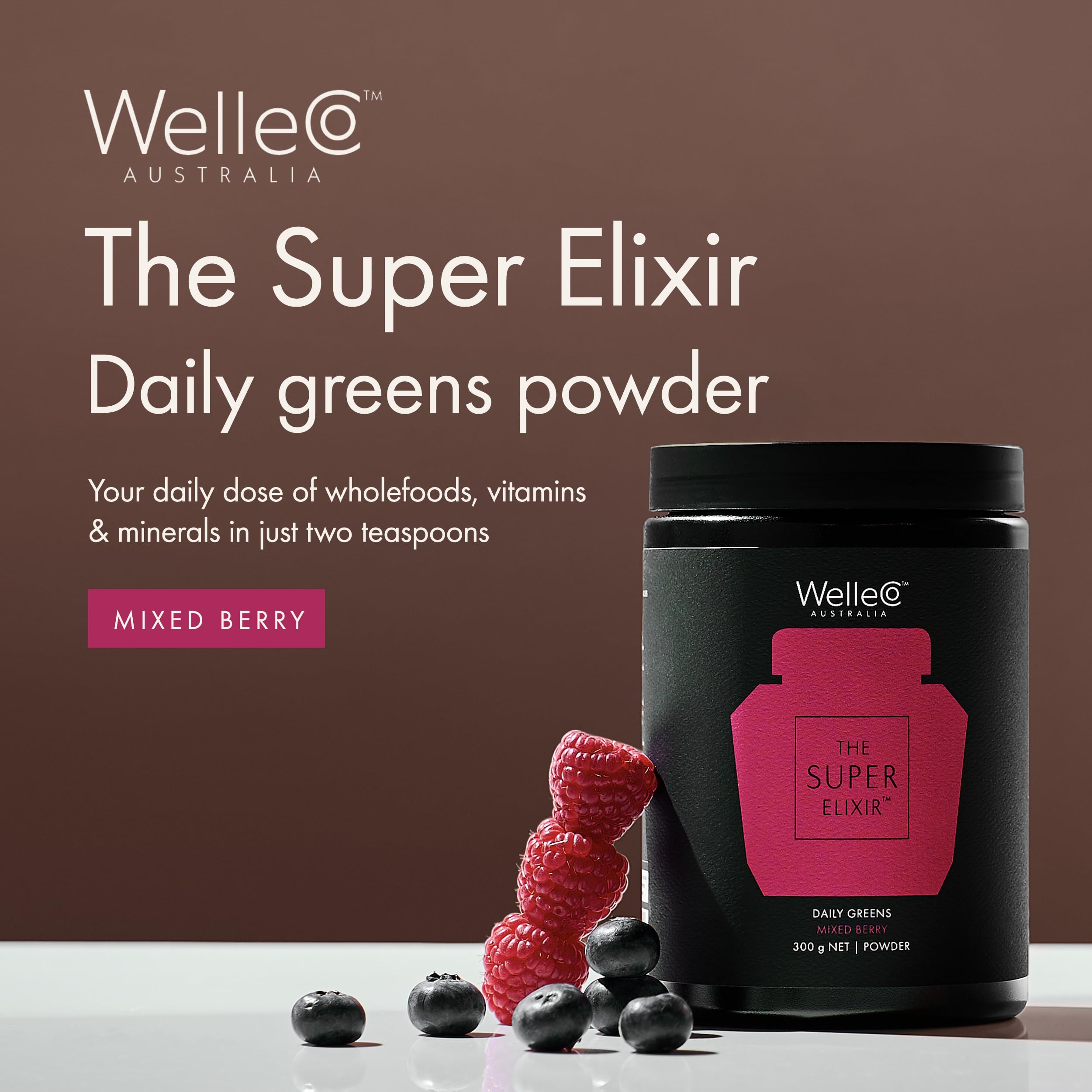 WelleCo The Super Elixir Daily Greens Powder – Probiotic Drink Mix (300g, Mixed Berry)