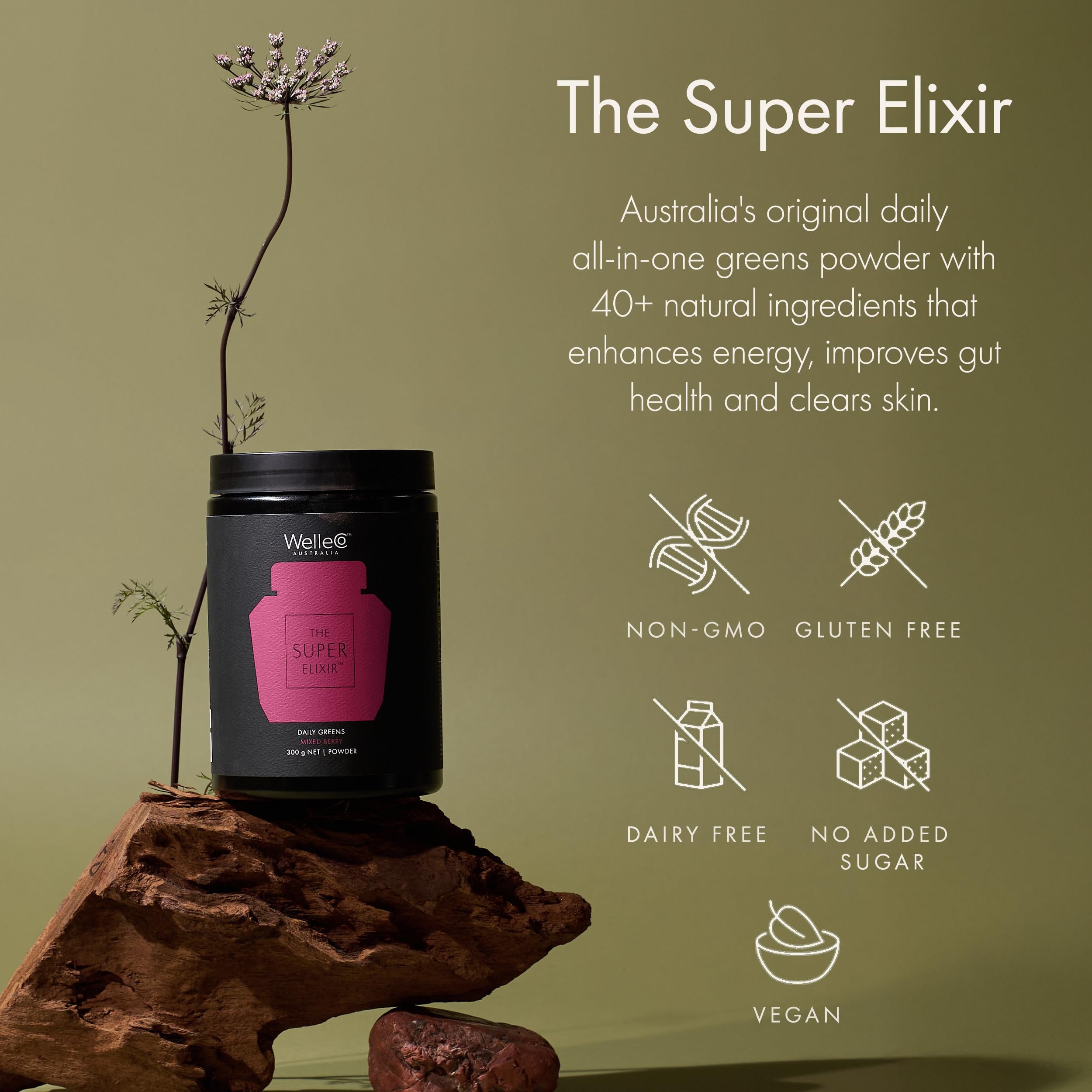 WelleCo The Super Elixir Daily Greens Powder – Probiotic Drink Mix (300g, Mixed Berry)
