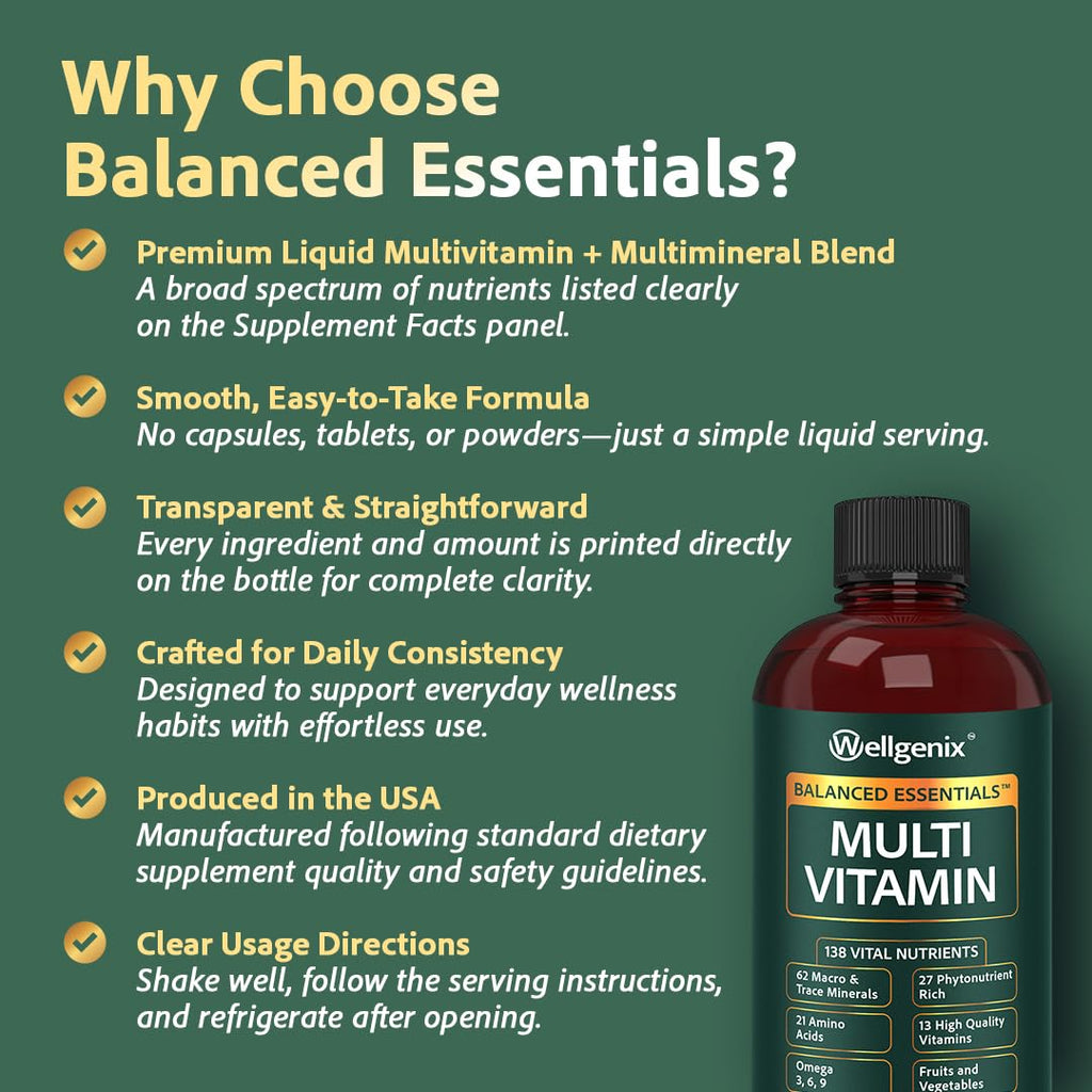 Wellgenix Balanced Essentials Plus Liquid Multivitamin — Berry Flavor, Daily 1oz Dose, Immune Support