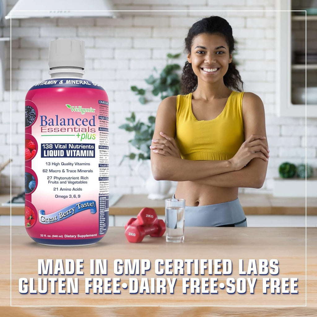 Wellgenix Balanced Essentials Plus Liquid Multivitamin — Berry Flavor, Daily 1oz Dose, Immune Support