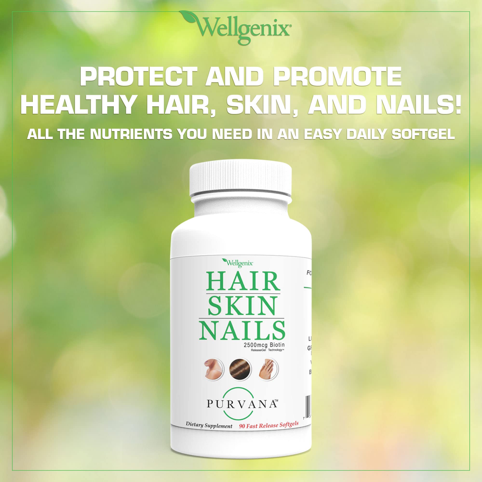 Wellgenix Purvana Hair, Skin, and Nails – One a Day Softgel (90 Count) 2500mcg Biotin