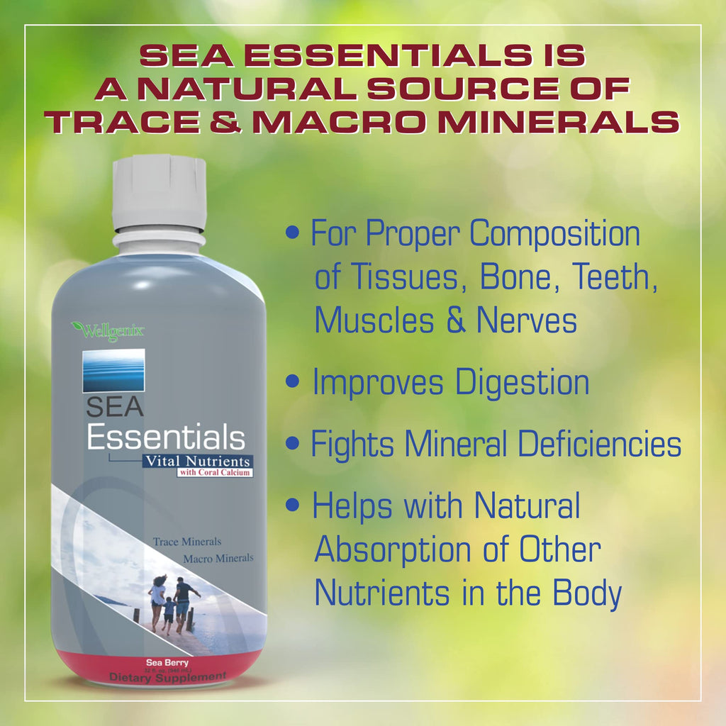 Wellgenix Sea Essentials Vital Nutrients – Coral Calcium Liquid Multivitamin, Sea Berry Flavor, 32oz