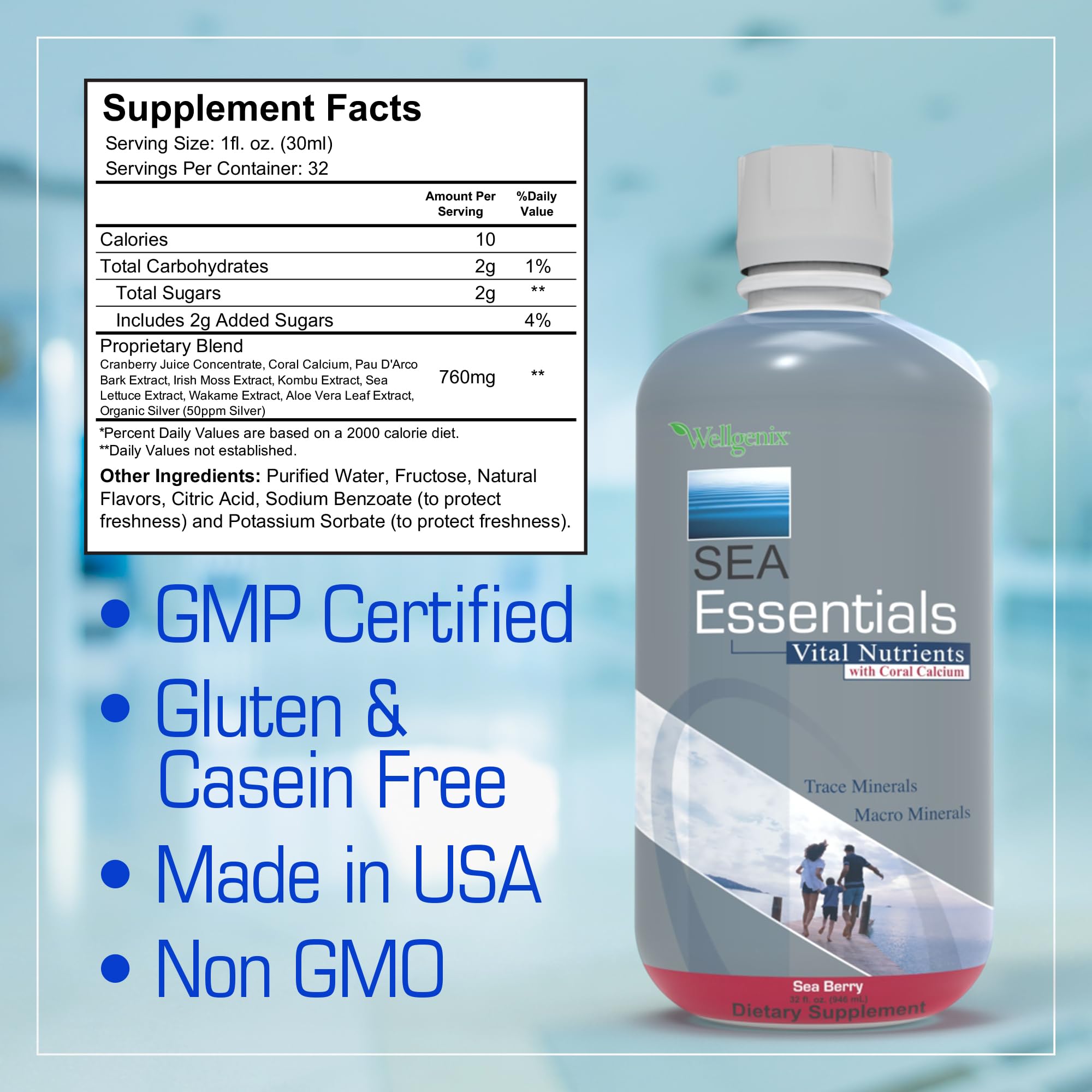 Wellgenix Sea Essentials Liquid Mineral Supplement – Sea Berry Flavor, Coral Calcium & Sea Vegetables (32 fl oz x 6)