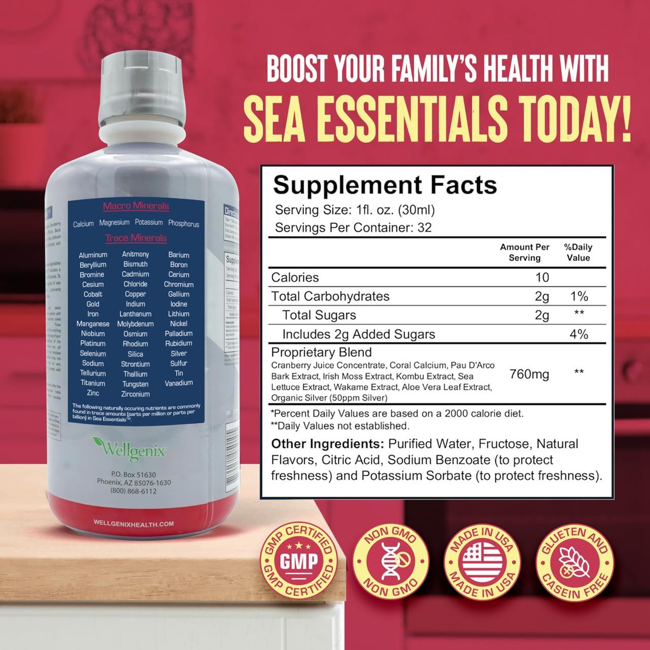 Wellgenix Sea Essentials Liquid Mineral Supplement – Sea Berry Flavor, Coral Calcium & Sea Vegetables (32 fl oz x 6)