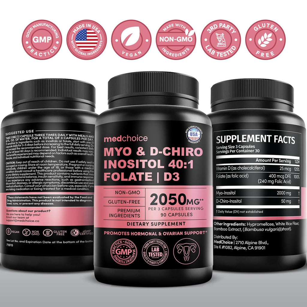 4-in-1 Inositol for Women | 40:1 Myo-Inositol & D-Chiro + Folate + Vitamin D3 (90 Count) - Vegan