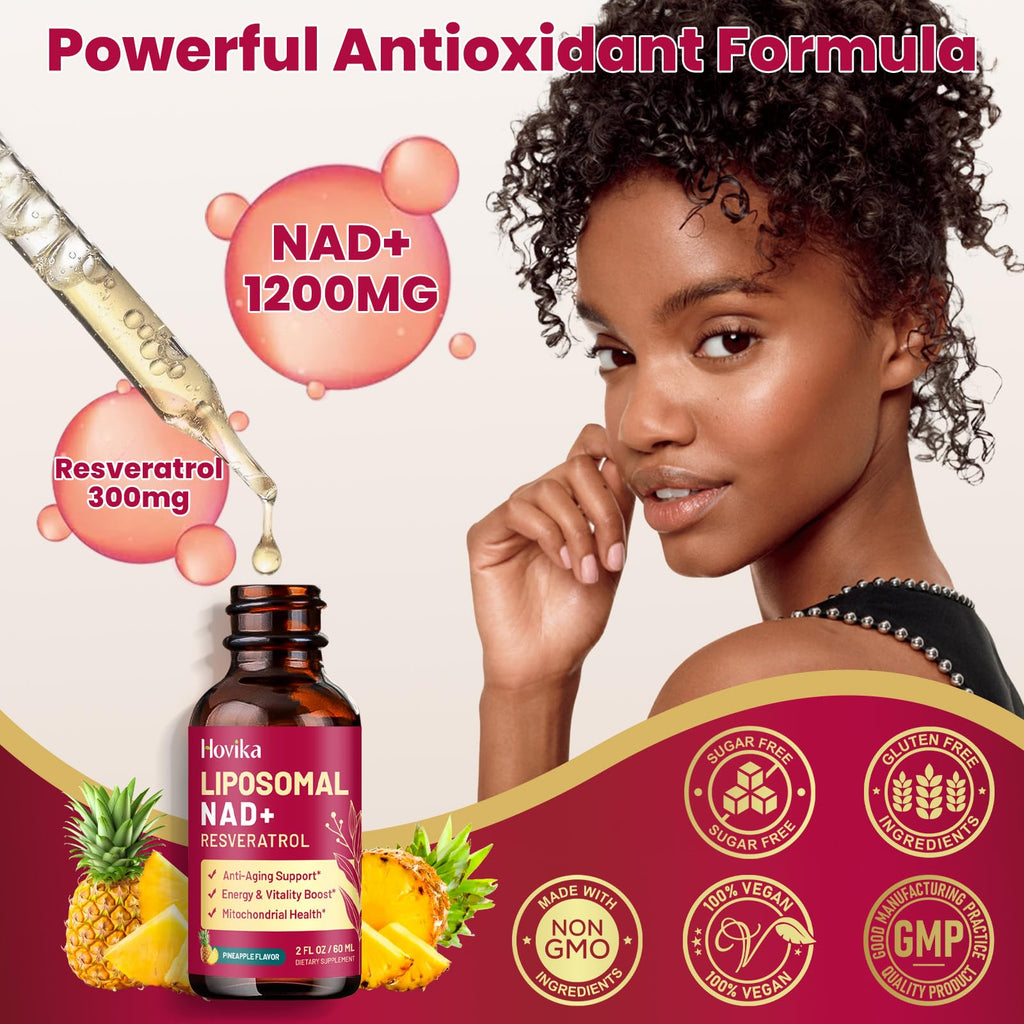 Liposomal NAD Supplement – 1200mg NAD+ Liquid Drops with Trans-Resveratrol & Black Pepper (Pineapple, 2 fl oz)