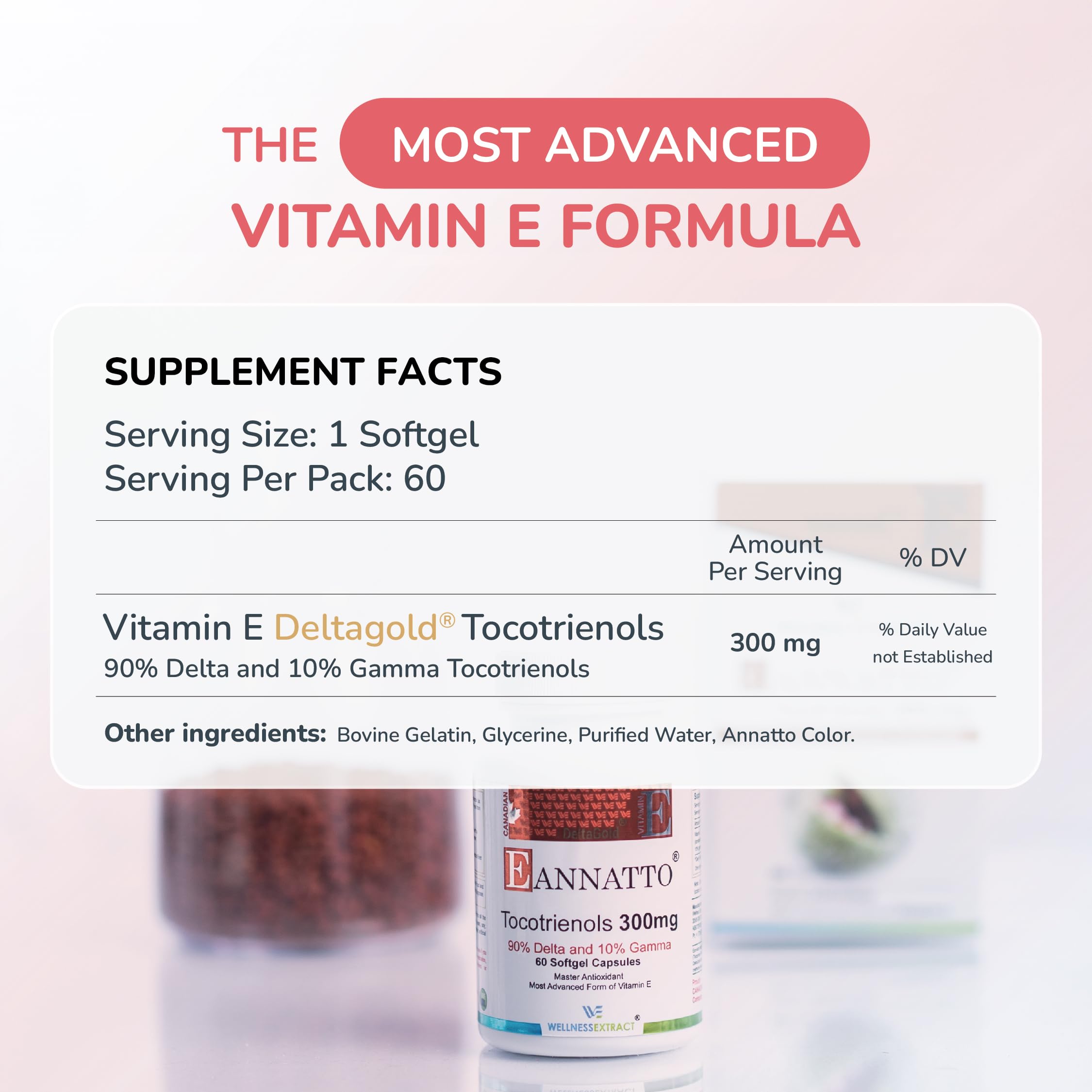 Wellness Extract Annatto Tocotrienols Vitamin E Supplement – Tocopherol-Free, Non-GMO, Gluten-Free, 300 mg, 60 Softgels