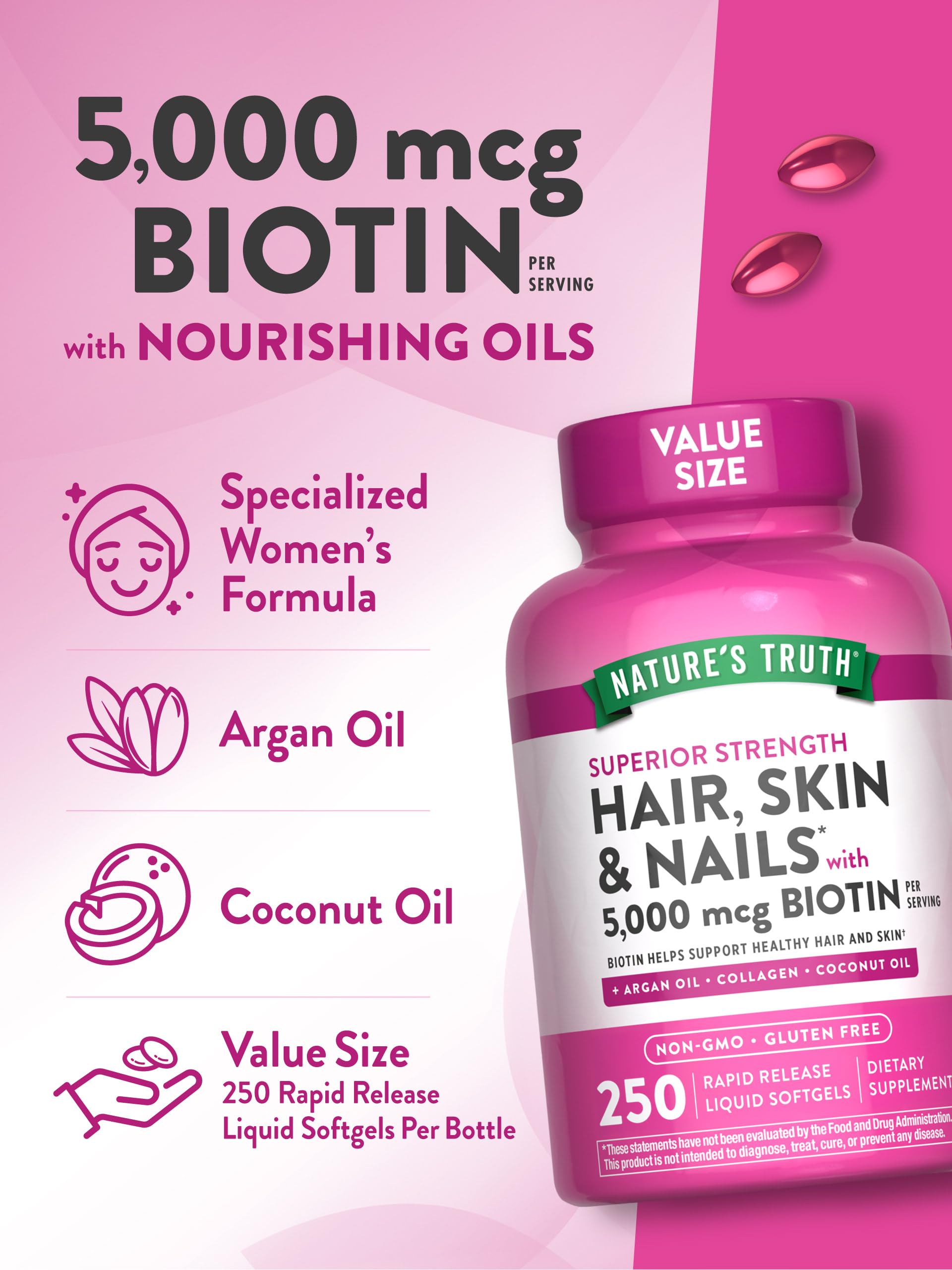 Nature's Truth Hair, Skin & Nails Vitamins | 5000mcg | 250 Softgels | Includes Collagen, Biotin and Coconut Oil | Non-GMO & Gluten Free Supplement for Women and Men