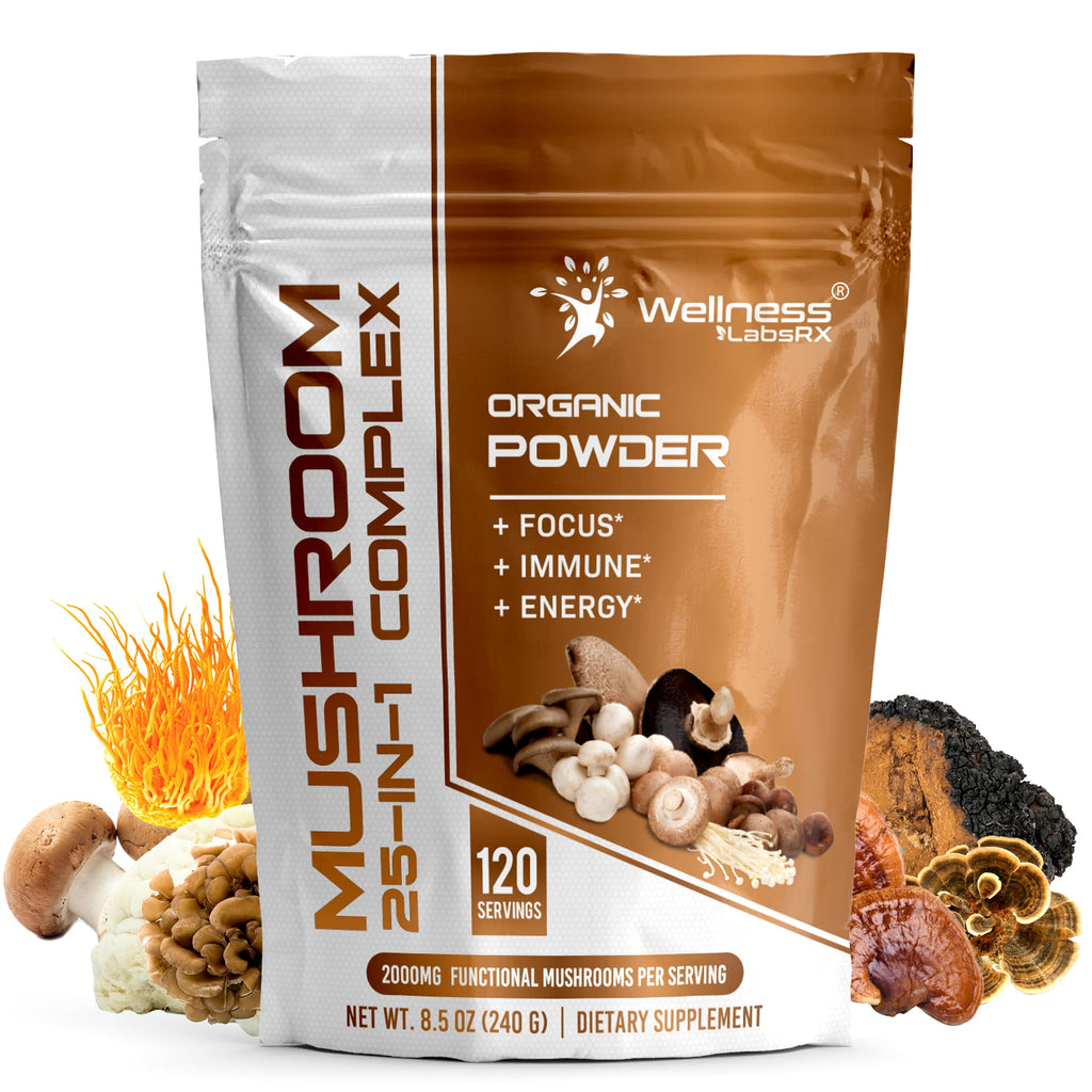WELLNESS LABSRX 25-in-1 Mushroom Powder – 2000mg, Lion's Mane & 24 Other Mushrooms, 120 Servings