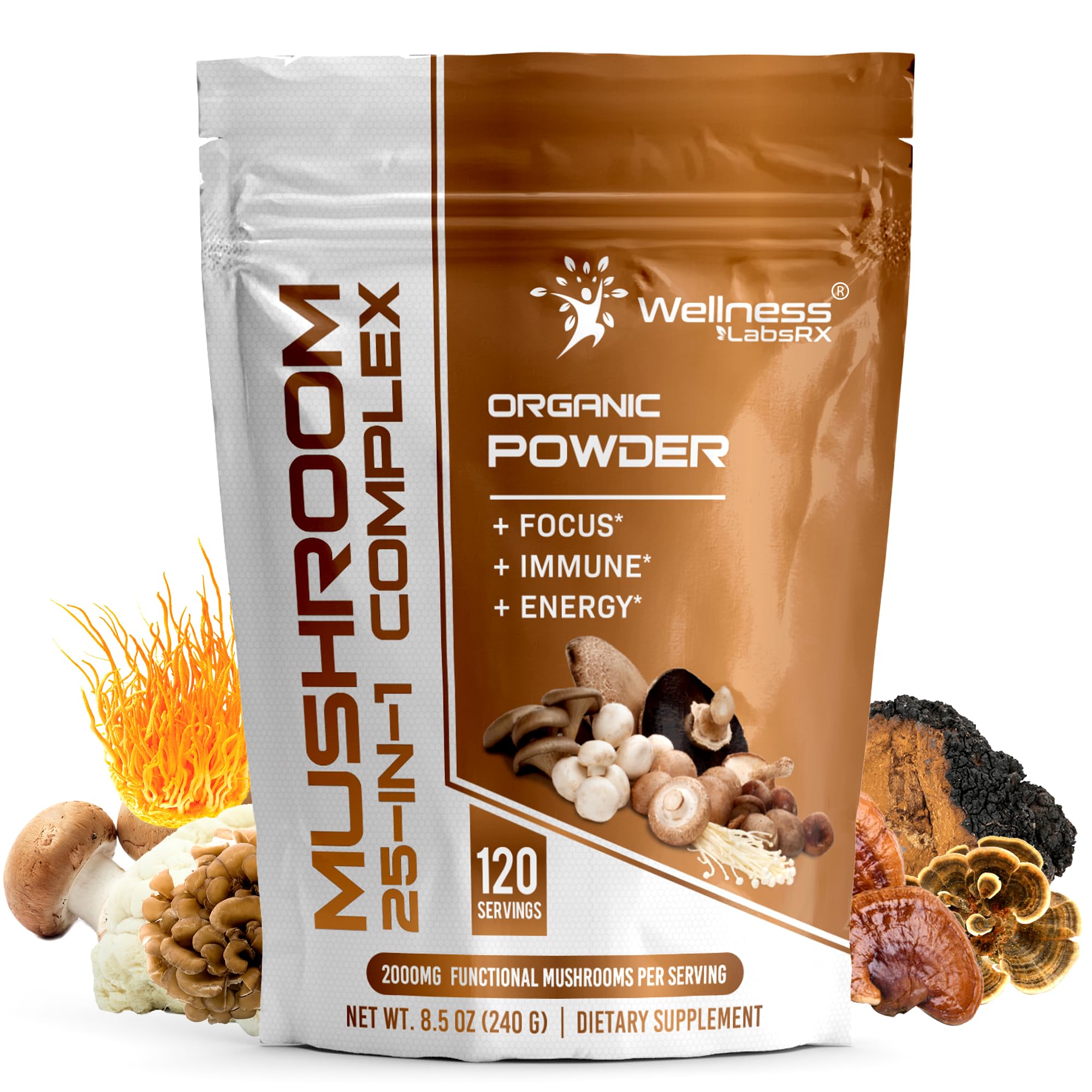 WELLNESS LABSRX 25-in-1 Mushroom Powder – 2000mg, Lion's Mane & 24 Other Mushrooms, 120 Servings