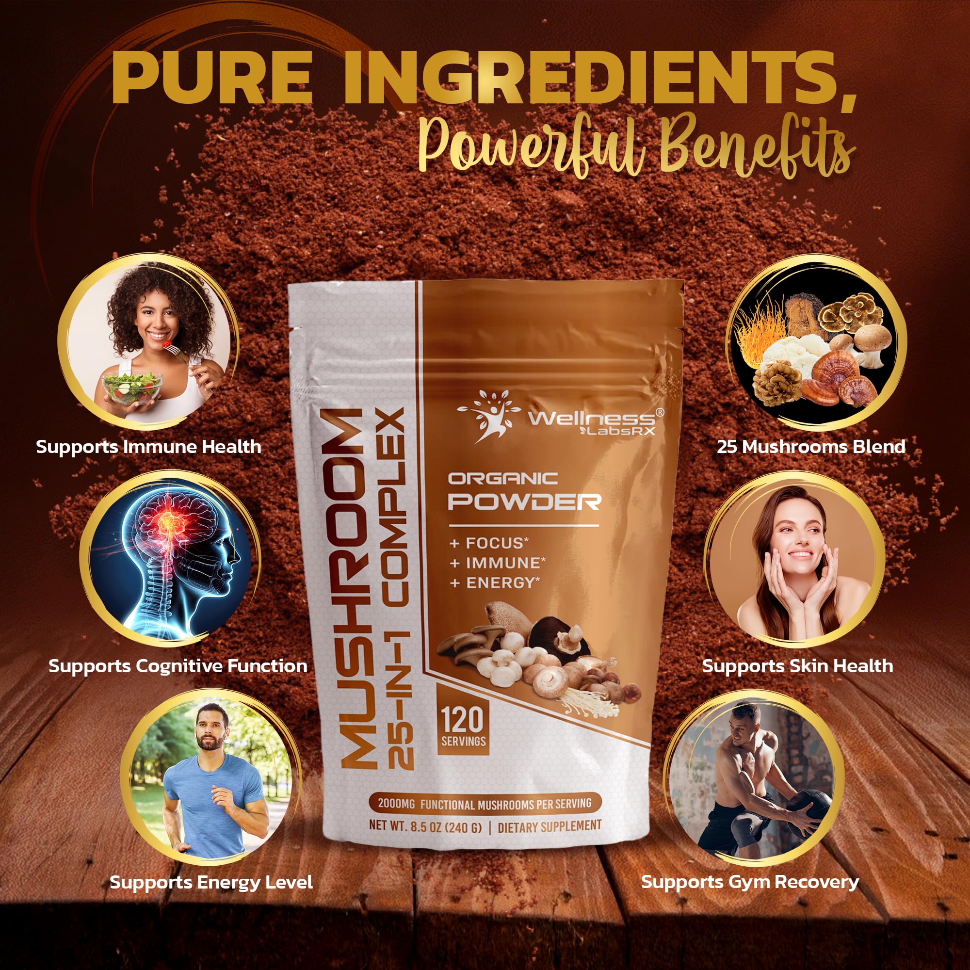 WELLNESS LABSRX 25-in-1 Mushroom Powder – 2000mg, Lion's Mane & 24 Other Mushrooms, 120 Servings