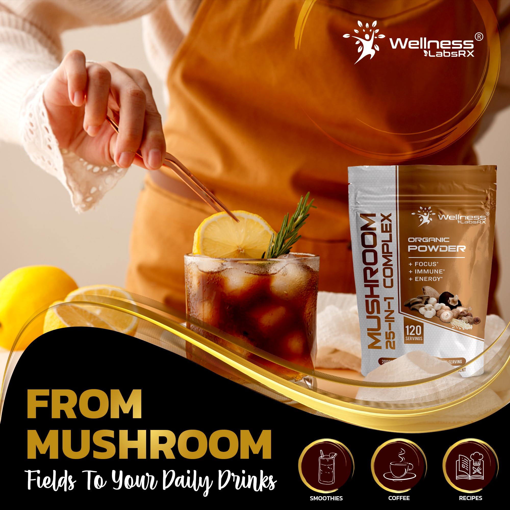 WELLNESS LABSRX 25-in-1 Mushroom Powder – 2000mg, Lion's Mane & 24 Other Mushrooms, 120 Servings