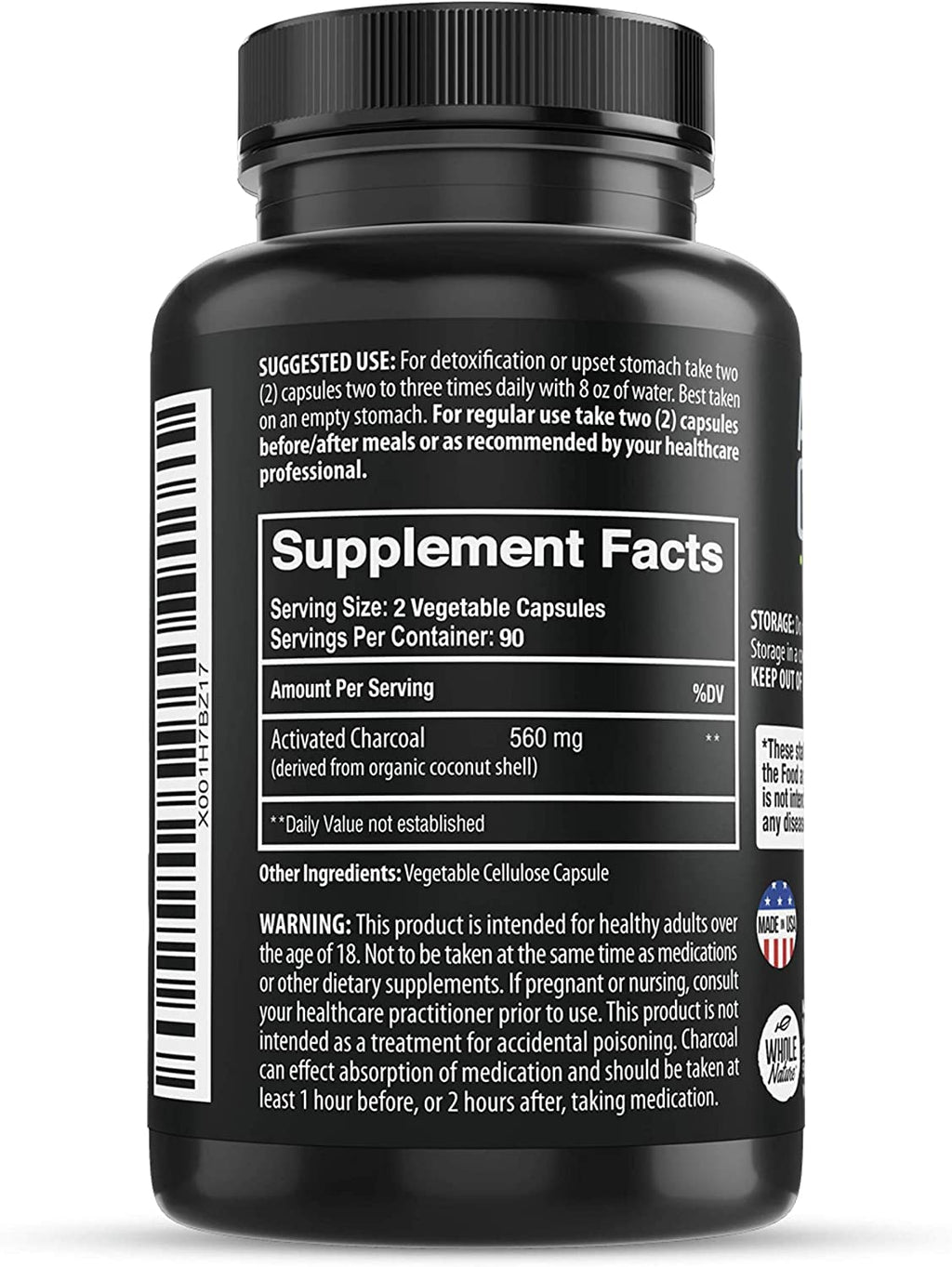 Pure Coconut Activated Charcoal Capsules - 180 Count | Teeth Whitening, Bloating & Cleansing