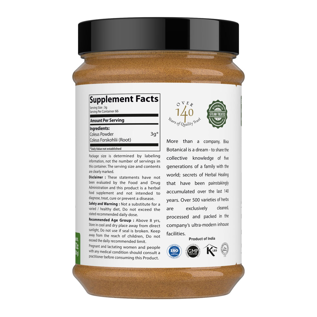 Bixa Botanical Coleus Forskohlii Root Powder – Forskolin-Rich, Lab-Tested, Vegan, Non-GMO (200g/7oz)