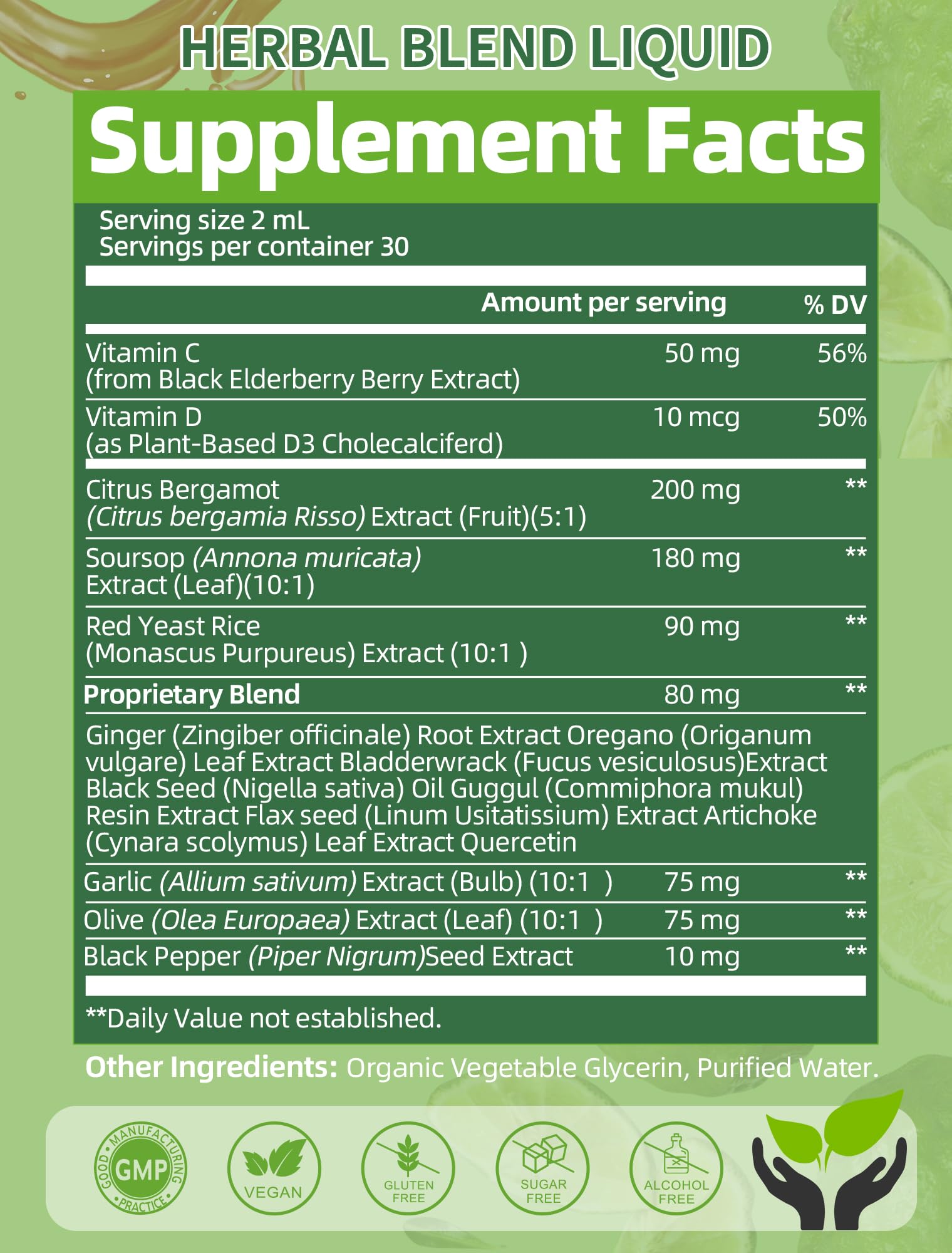 Citrus Bergamot Liquid Drops – High Absorption (2 Fl Oz) with Soursop, Garlic, Olive Leaf & Red Yeast Rice