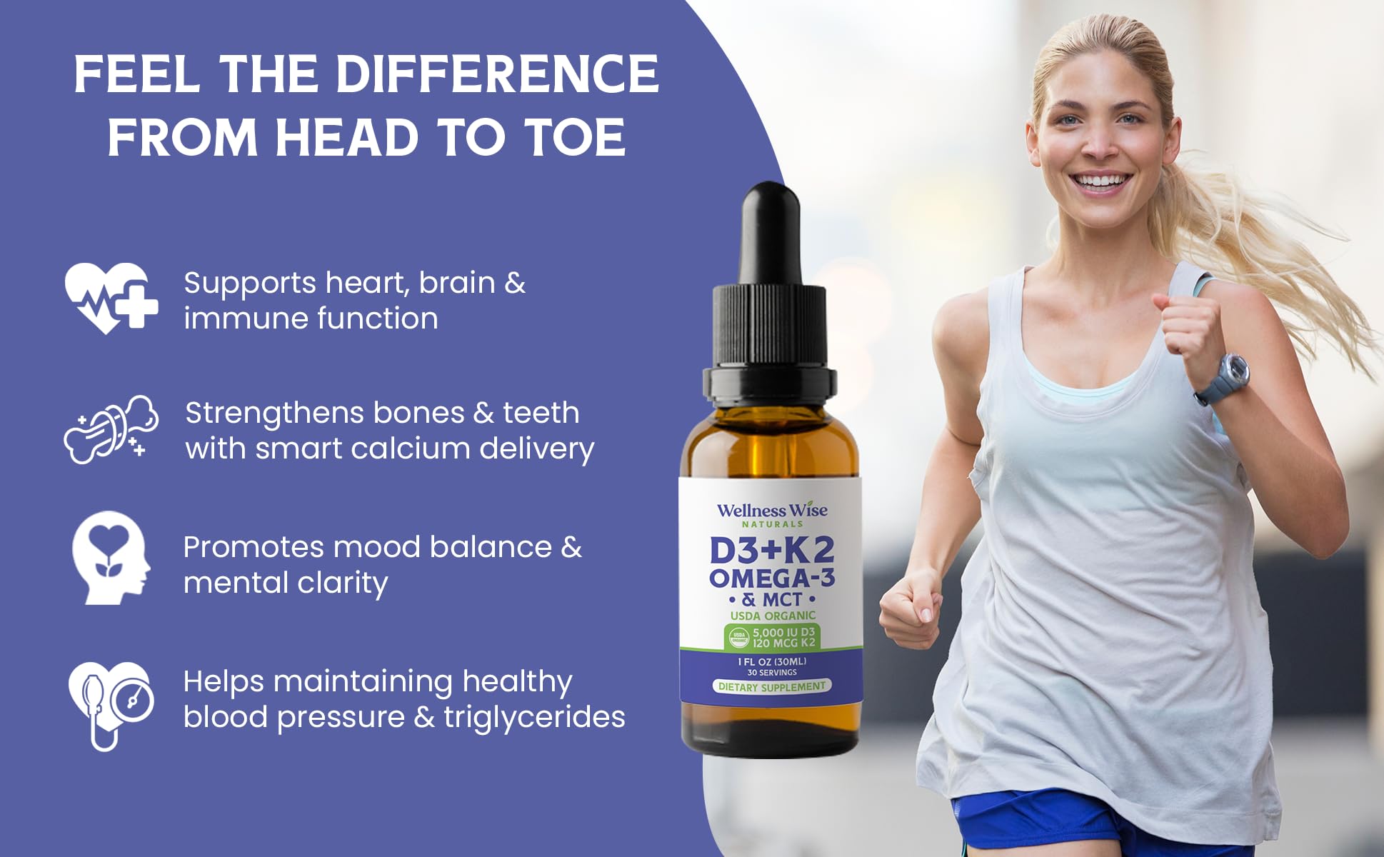 Wellness Wise Naturals Omega-3 + Vitamin D3 5000 IU with MK-7 K2 – Heart & Bone Support (1 fl oz)