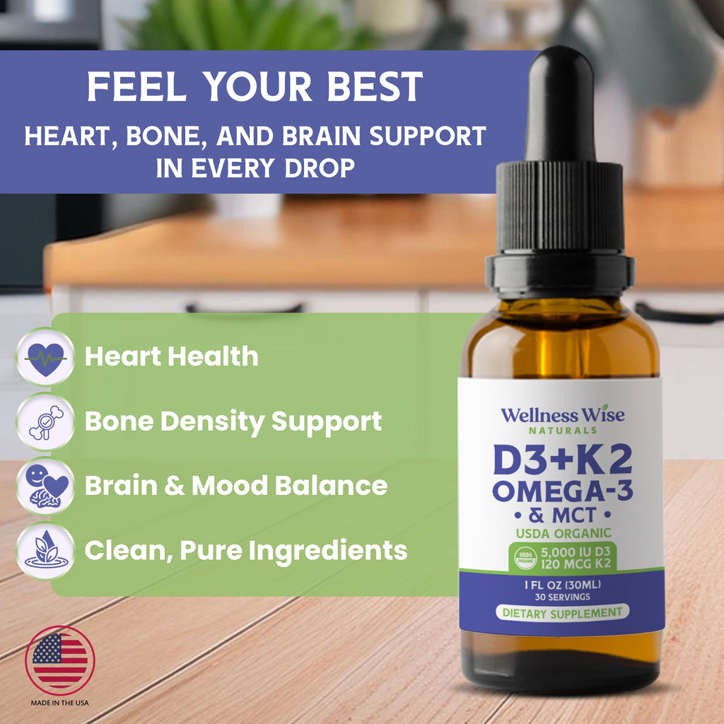 Wellness Wise Naturals Omega-3 + Vitamin D3 5000 IU with MK-7 K2 – Heart & Bone Support (1 fl oz)
