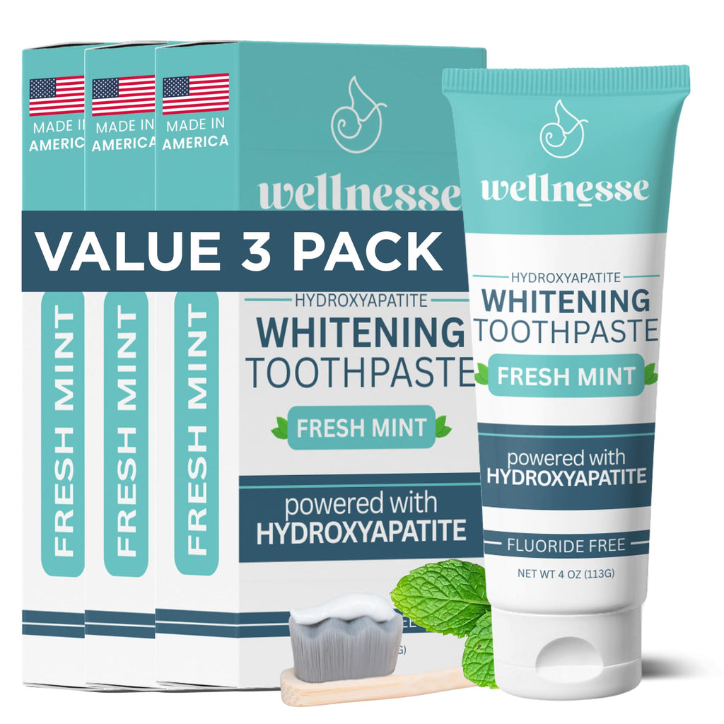 Wellnesse Whitening Toothpaste with Hydroxyapatite – Fluoride-Free, Xylitol, Enamel Strengthening (4 oz x 3)