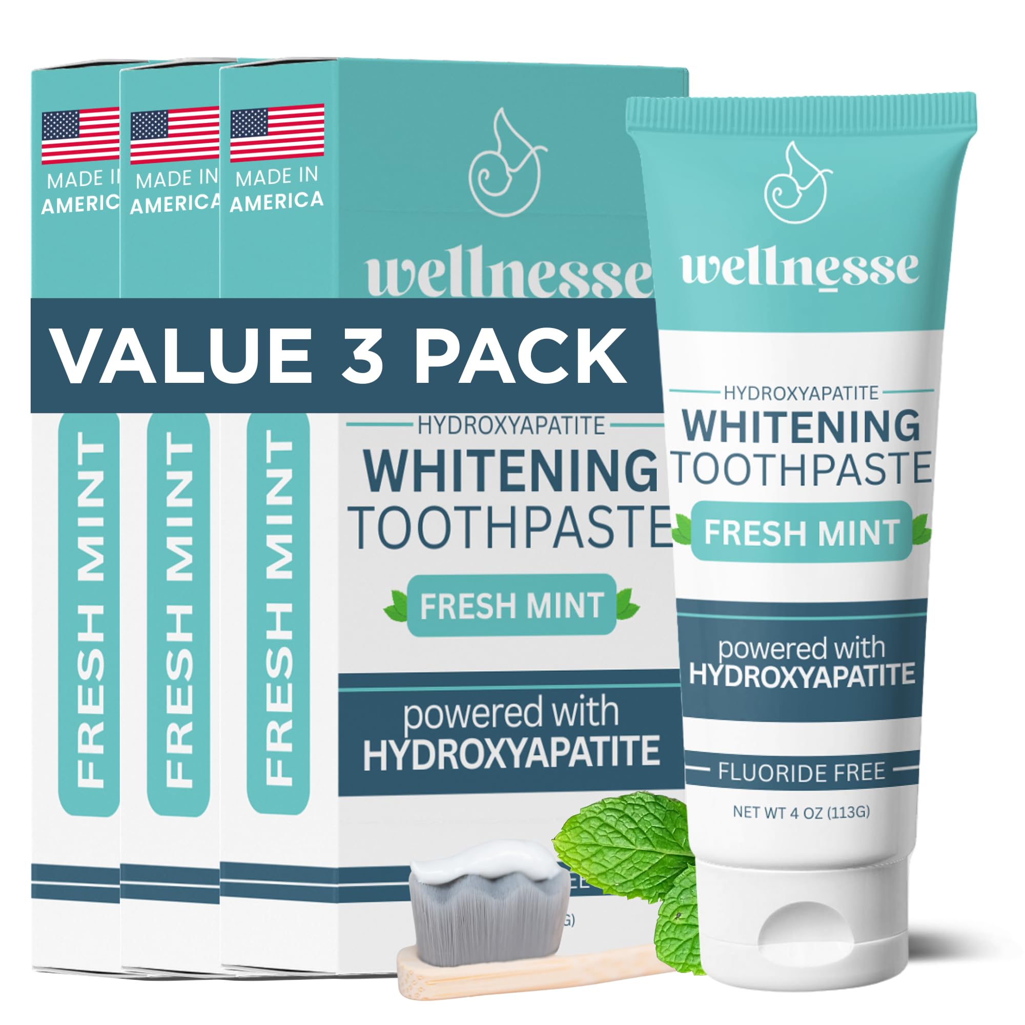 Wellnesse Whitening Toothpaste with Hydroxyapatite – Fluoride-Free, Xylitol, Enamel Strengthening (4 oz x 3)