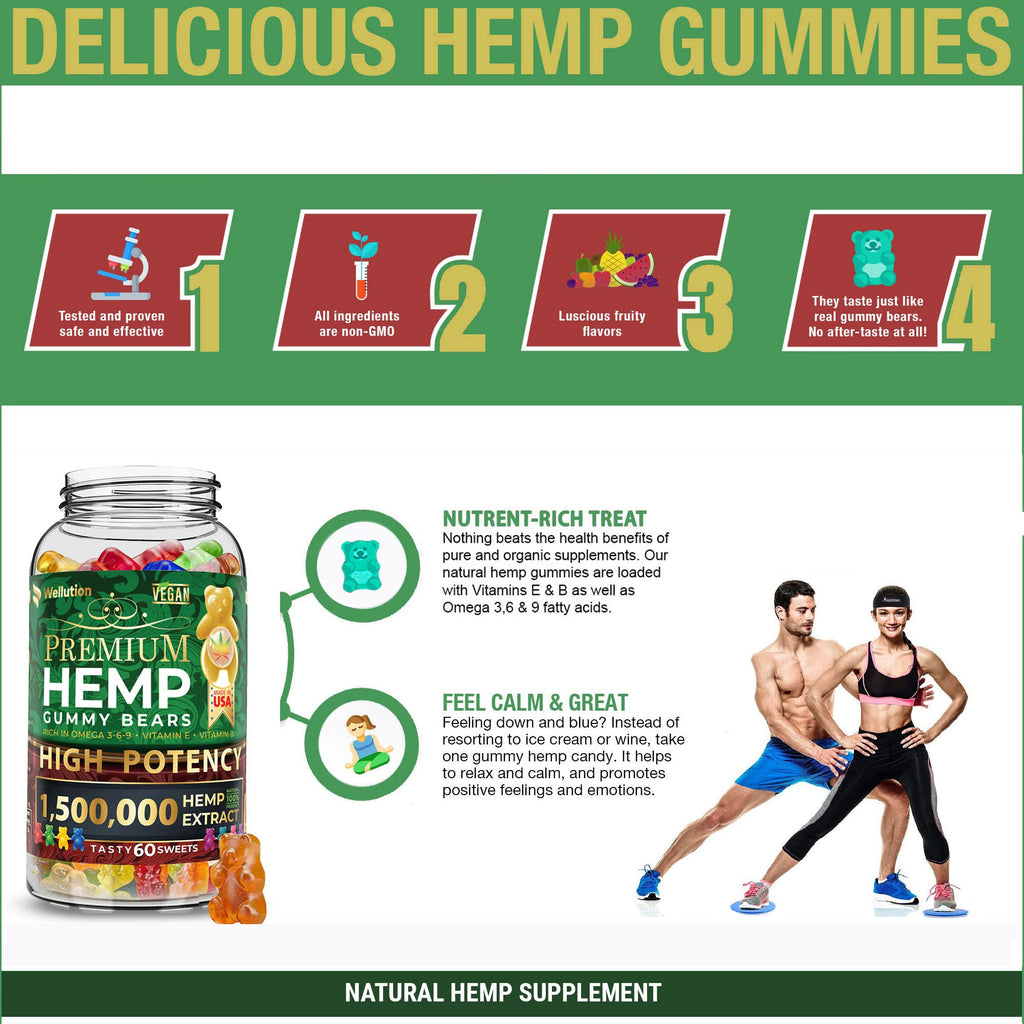 WELLUTION Hemp Gummies – High Potency 1,500,000 mcg – 60ct – Natural Fruity Bear for Relaxation and Peace – Fast-Acting