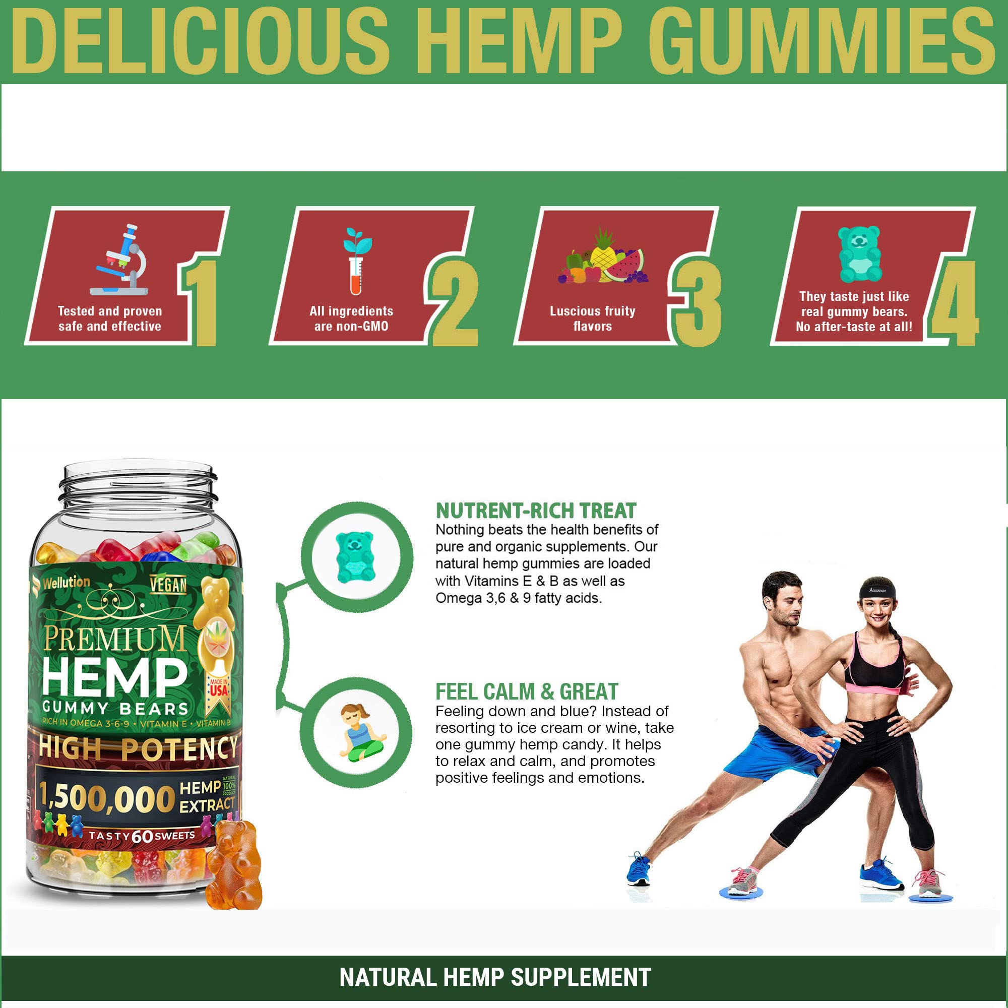 WELLUTION Hemp Gummies – High Potency 1,500,000 mcg – 60ct – Natural Fruity Bear for Relaxation and Peace – Fast-Acting