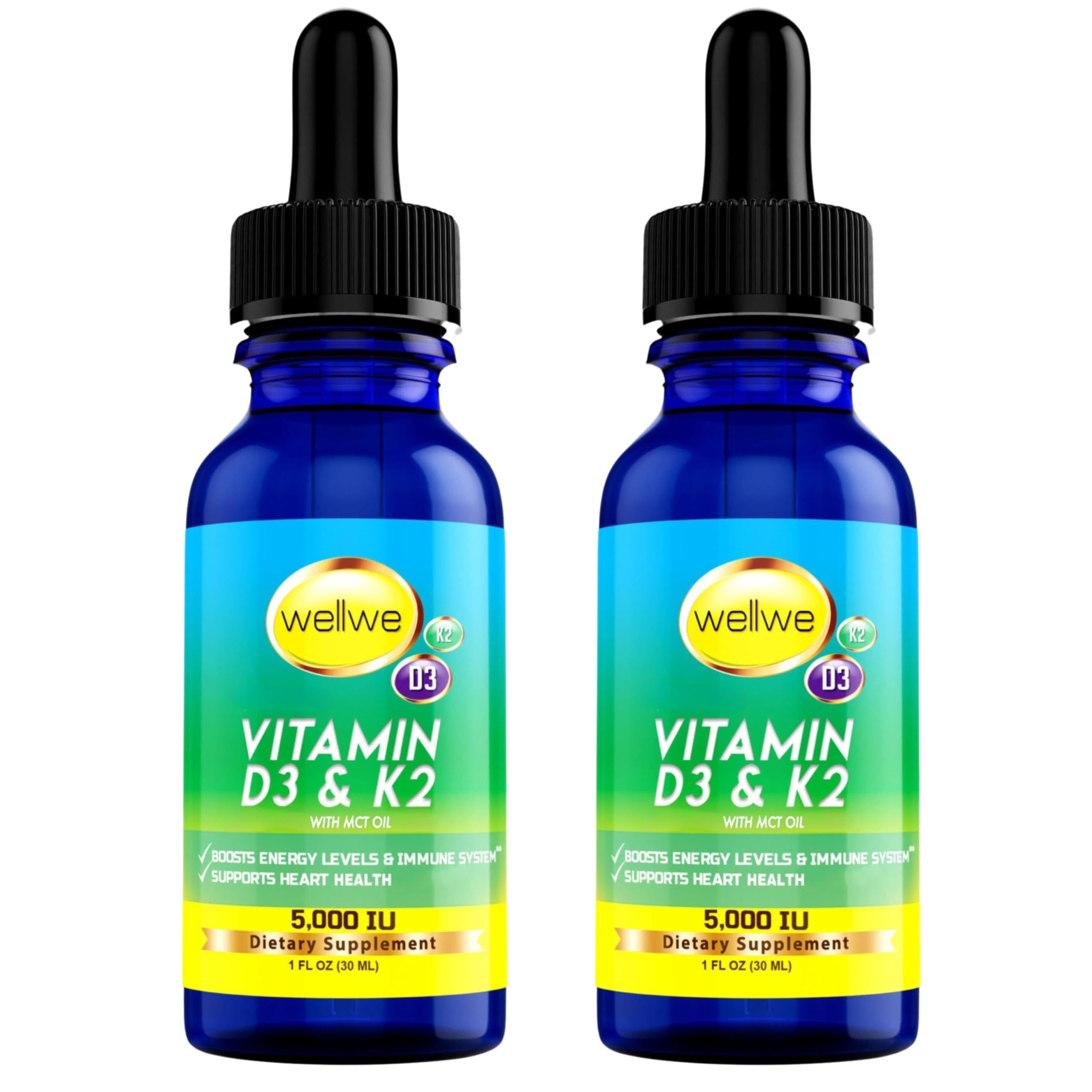 WellWe 2 Bottles Liquid Vitamin D3 K2 Drops 5000 IU with MCT Oil – Vegan D3 K2 Supplement, Unflavored, 2 oz