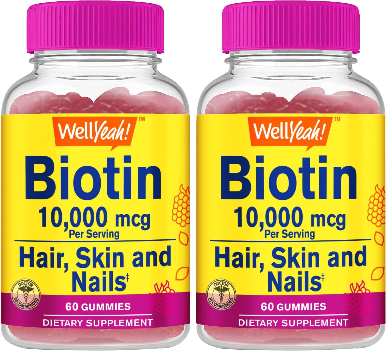 WellYeah Biotin 10,000 mcg Gummies – Stronger Hair, Skin & Nails (Berry) – Vegan, Gluten-Free, Non-GMO – 60 Gummies (Pack of 2)