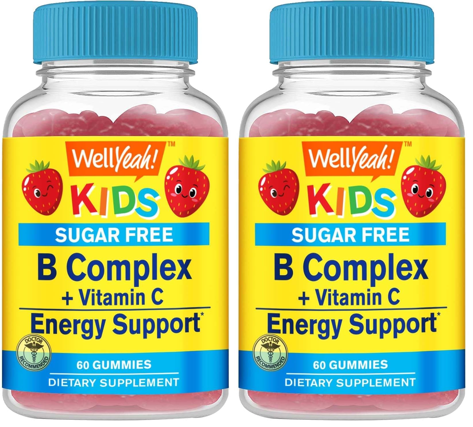 WellYeah Kids Vitamin B Complex Sugar-Free Gummies - Immune & Energy Support | Strawberry (60 Count x 2)