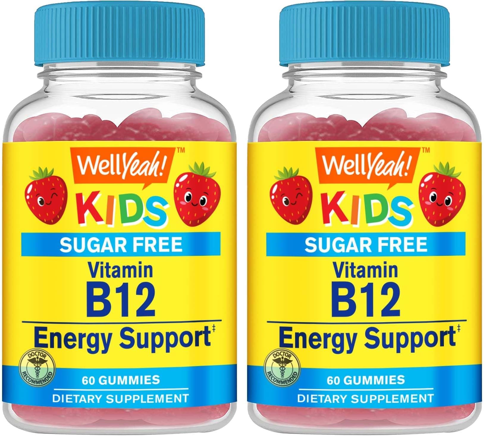 WellYeah Kid's Vitamin B12 1000mcg Gummies – Sugar Free, Strawberry Flavor, 60 Count (Pack of 2)