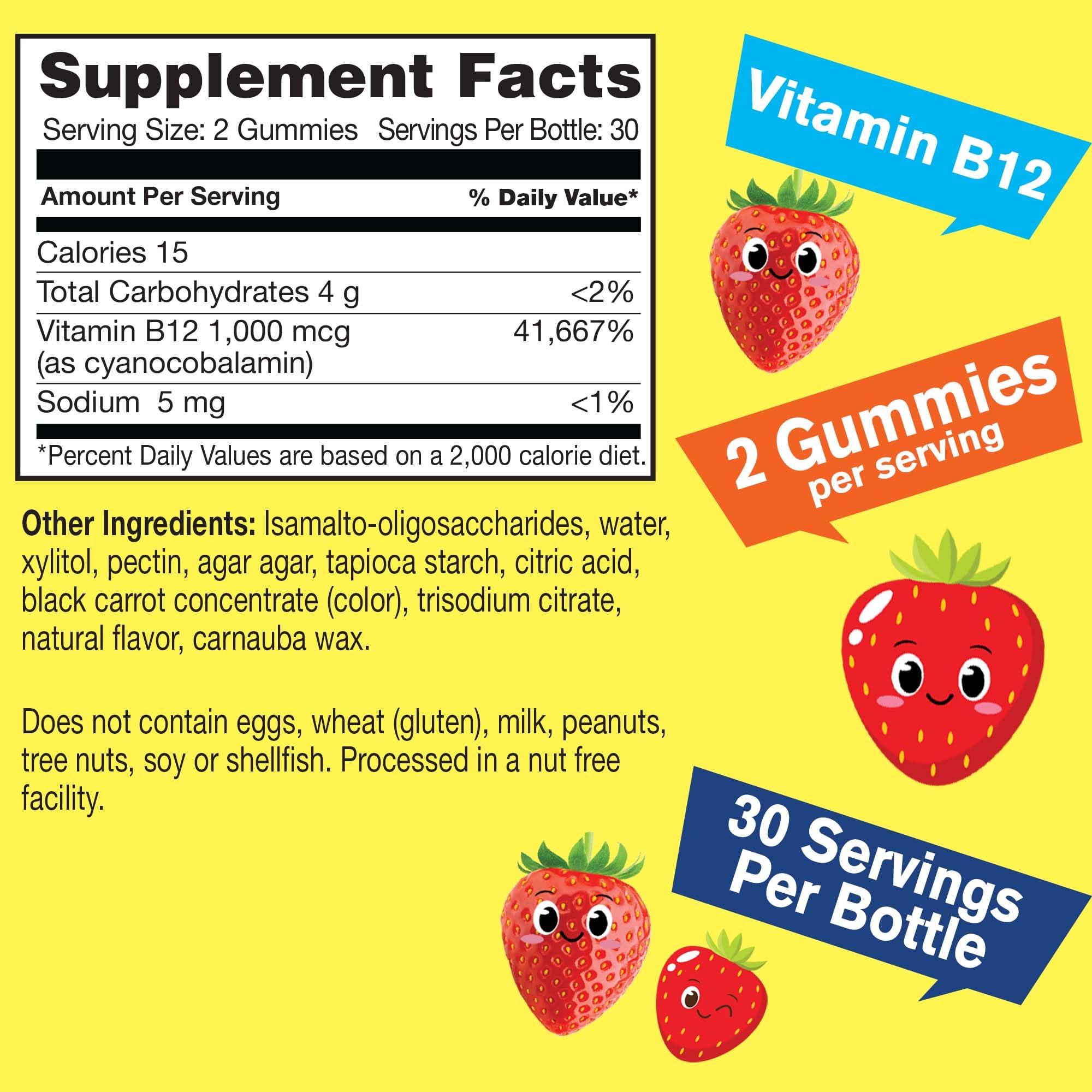 WellYeah Kid's Vitamin B12 1000mcg Gummies – Sugar Free, Strawberry Flavor, 60 Count (Pack of 2)