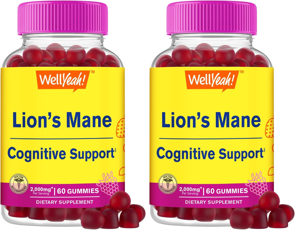 WellYeah Lions Mane Gummies for Adults – 2000mg per Serving, 60 Count (Pack of 2) – Gluten Free, Non-GMO, Berry Flavor