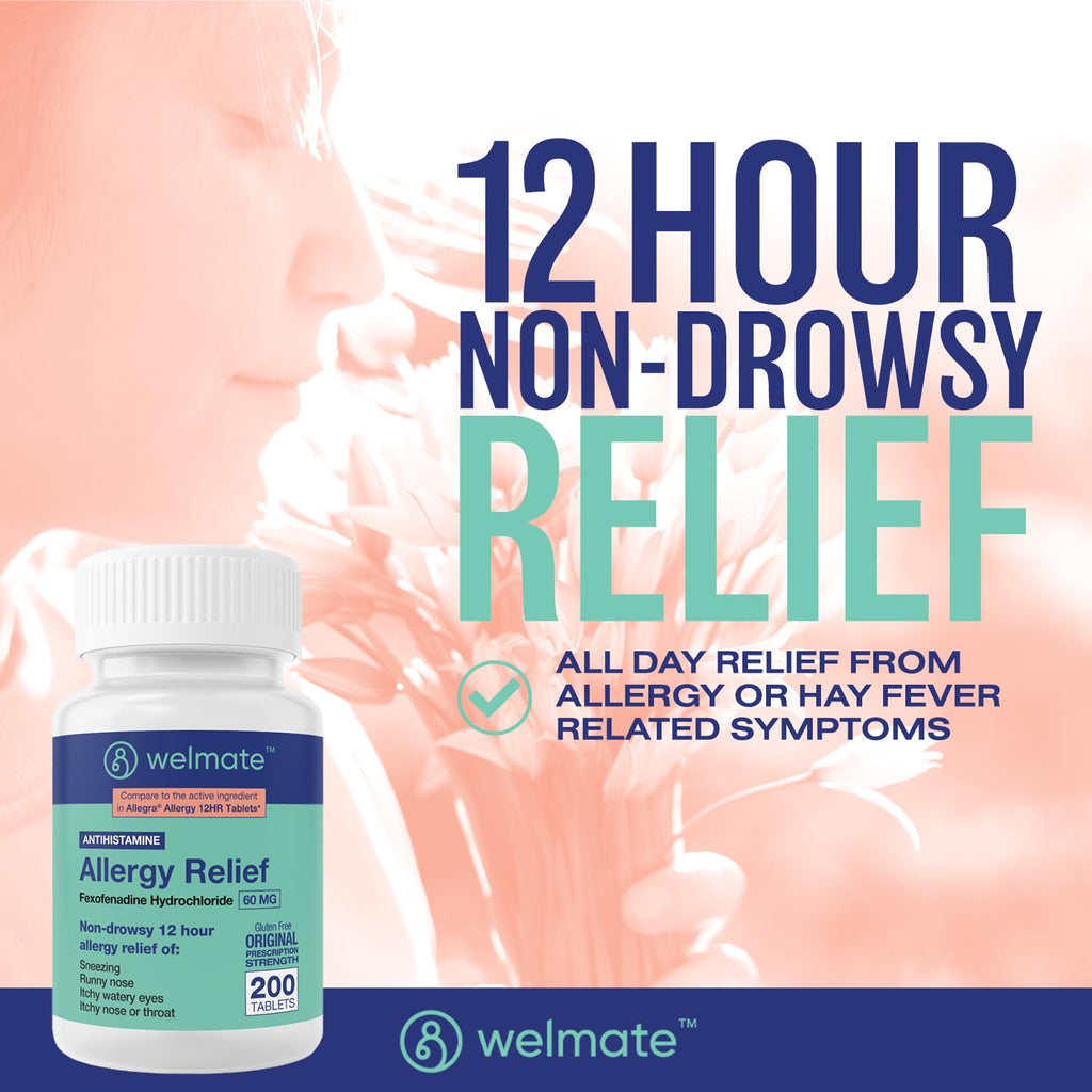 WELMATE Fexofenadine HCl 60mg – Non-Drowsy, 12-Hour Allergy Relief (200 Tablets)