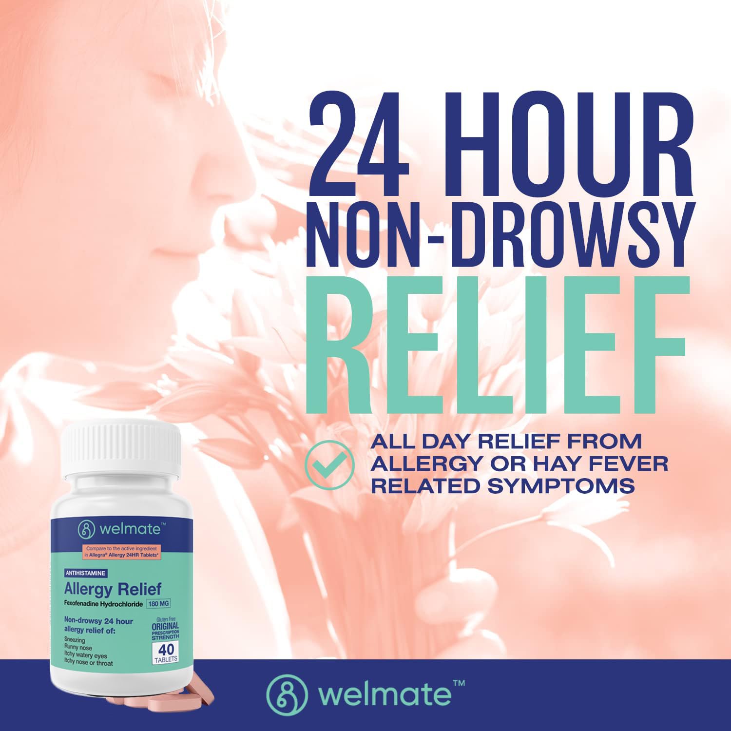 WELMATE Allergy Relief – Fexofenadine HCl 180 mg, 24 Hour Non-Drowsy – 40 Count